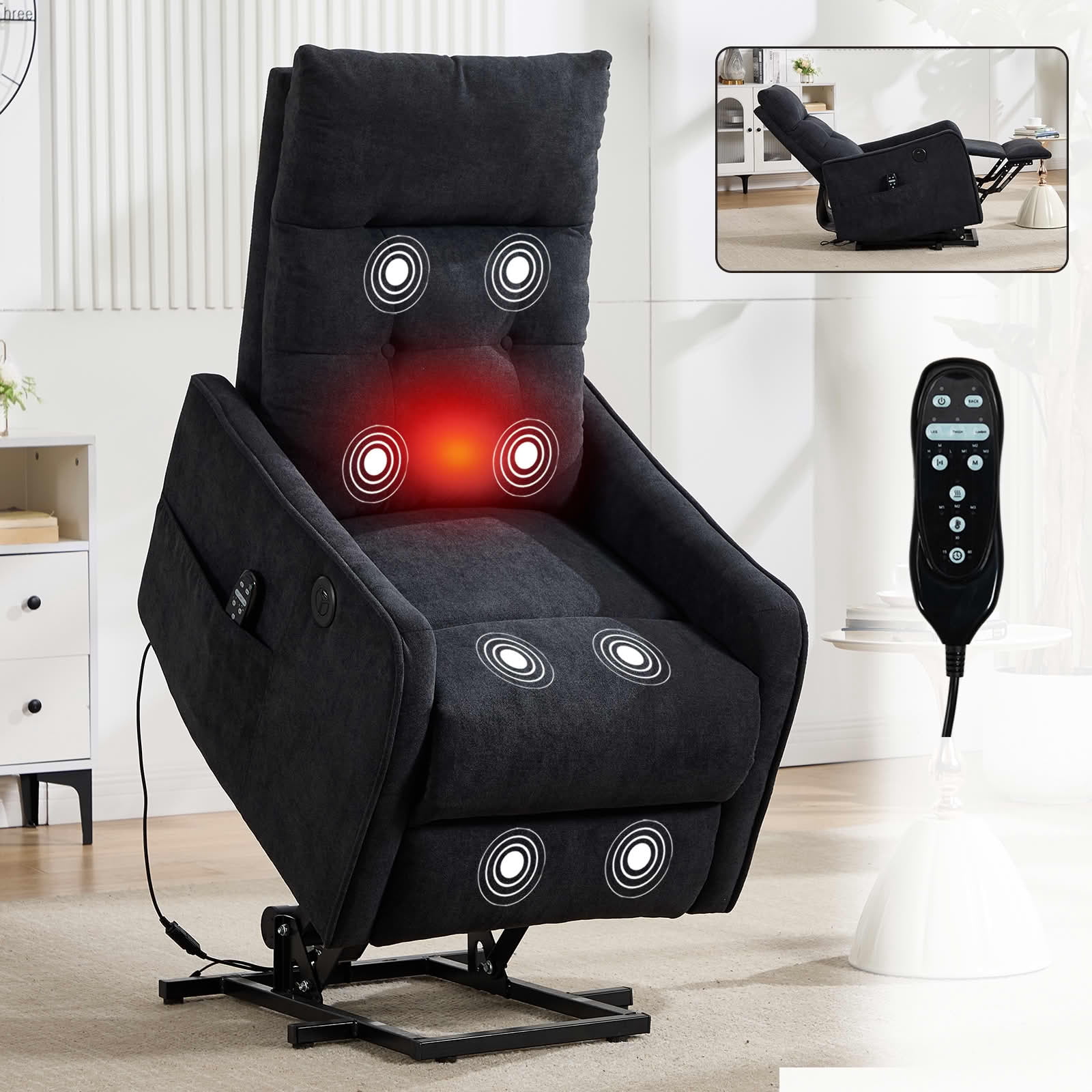 MAYEERTY Black Single Motor Power Lift Recliner, 155° Chenille Massage Heat Chair with USB for Elderly Living Room