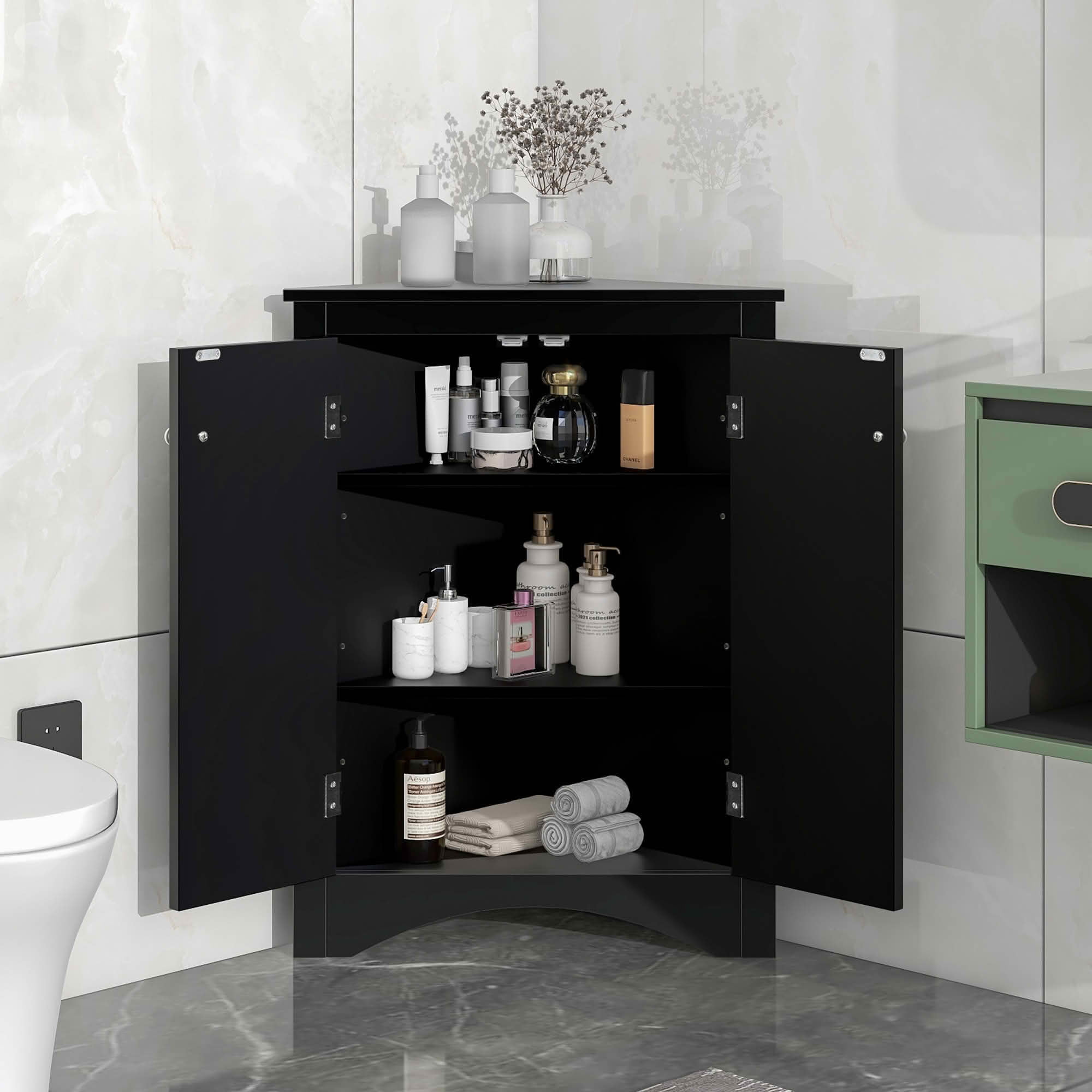 MAYEERTY Black Triangle Bathroom Cabinet Adjustable Shelves Freestanding Floor Cabinet