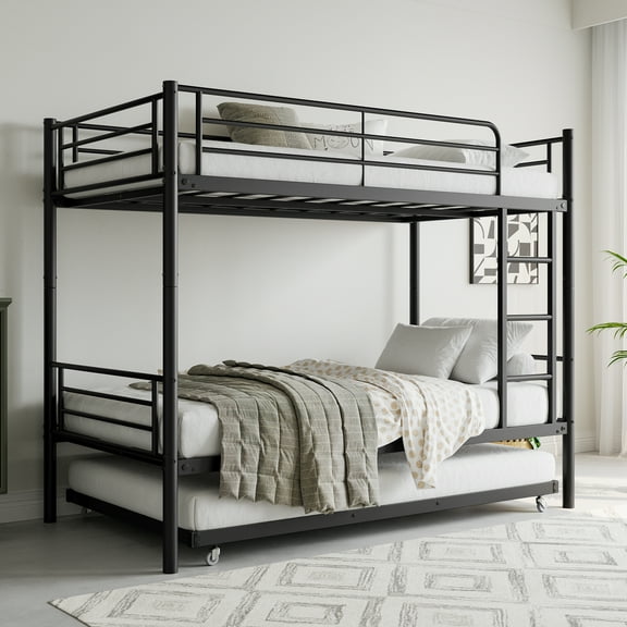 MAYEERTY Black Twin Bunk Bed with Trundle, Ladder& Guardrail