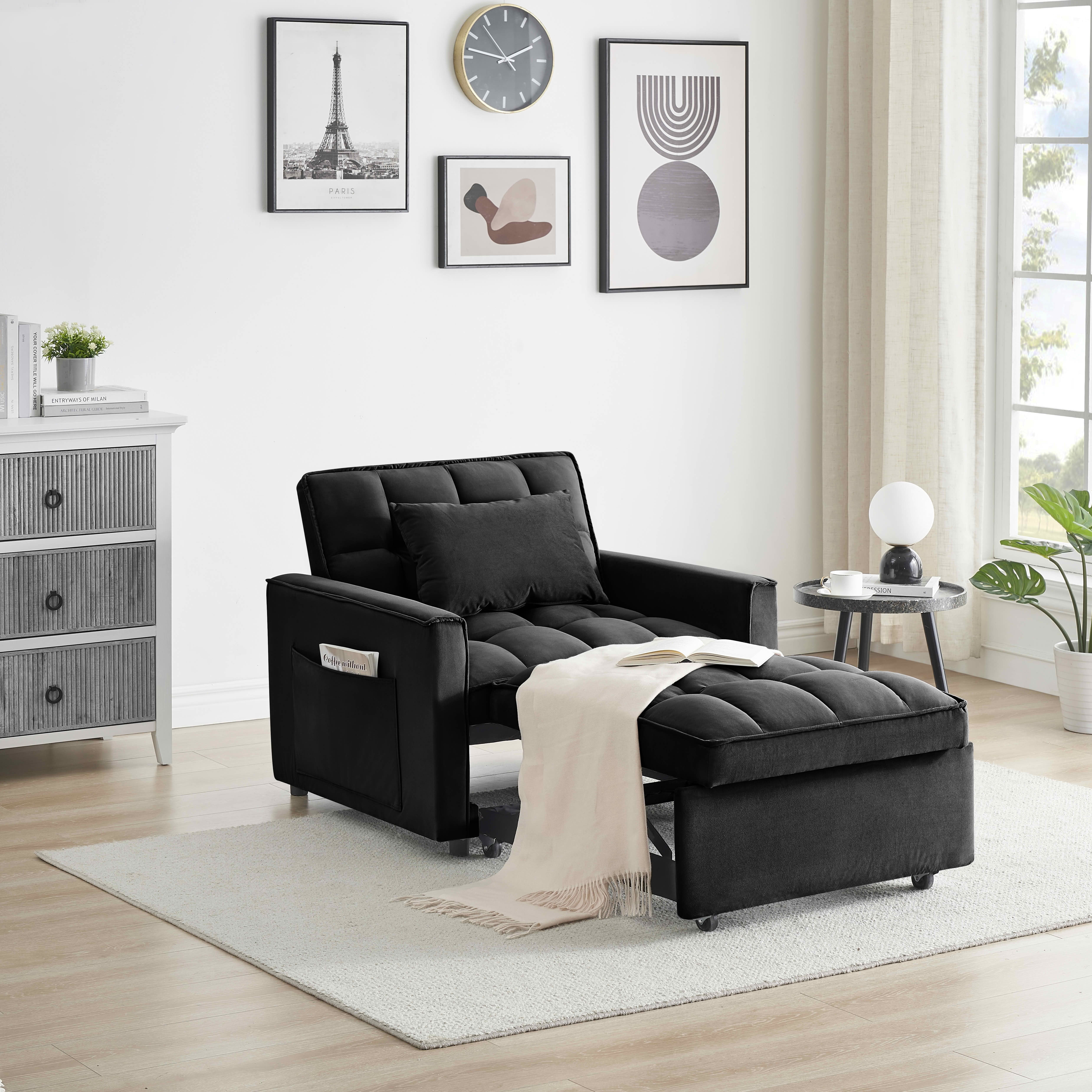 MAYEERTY Black Velvet 3-in-1 Convertible Single Sofa Bed Chair, Multi-Angle Adjustable Back Recliner with Rolled Arms for Small Spaces