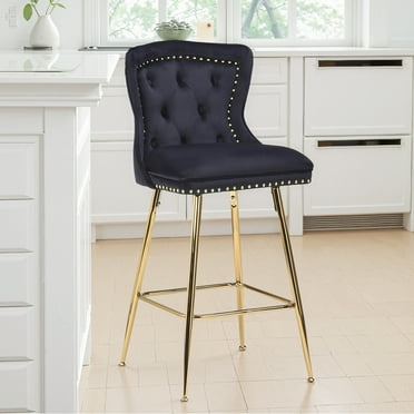 MAYEERTY Black Velvet Bar Stools Set of 2, Button-Tufted Wing-Back,Metal Legs for Kitchen Island & Pub