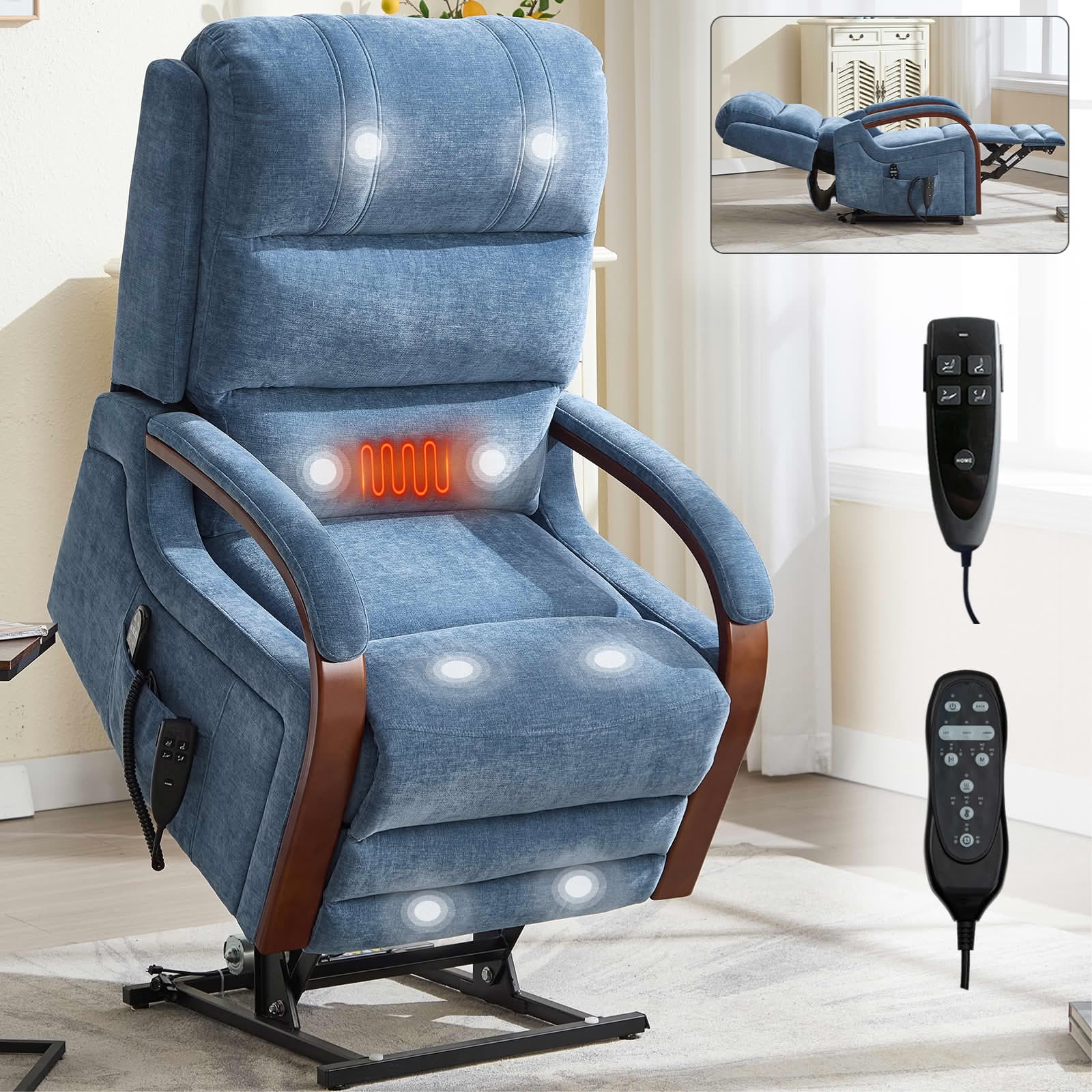 MAYEERTY Blue Chenille Dual Motor Power Lift Recliner, 350lbs Solid Wood Armrest Massage Heat 30"x36"x43" for Elderly