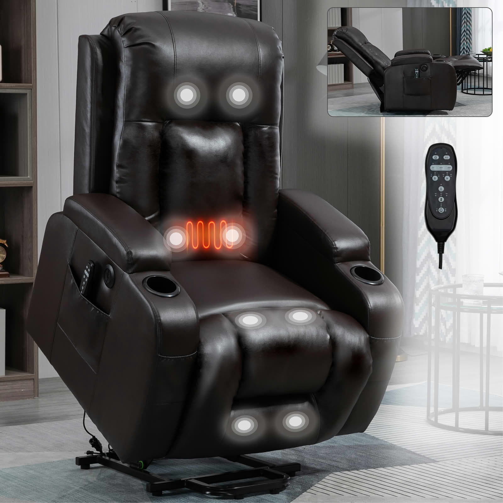 MAYEERTY Blue Chenille Power Lift Recliner, 350lbs Massage Heat USB-C Cup Holders 35"x29"x43"