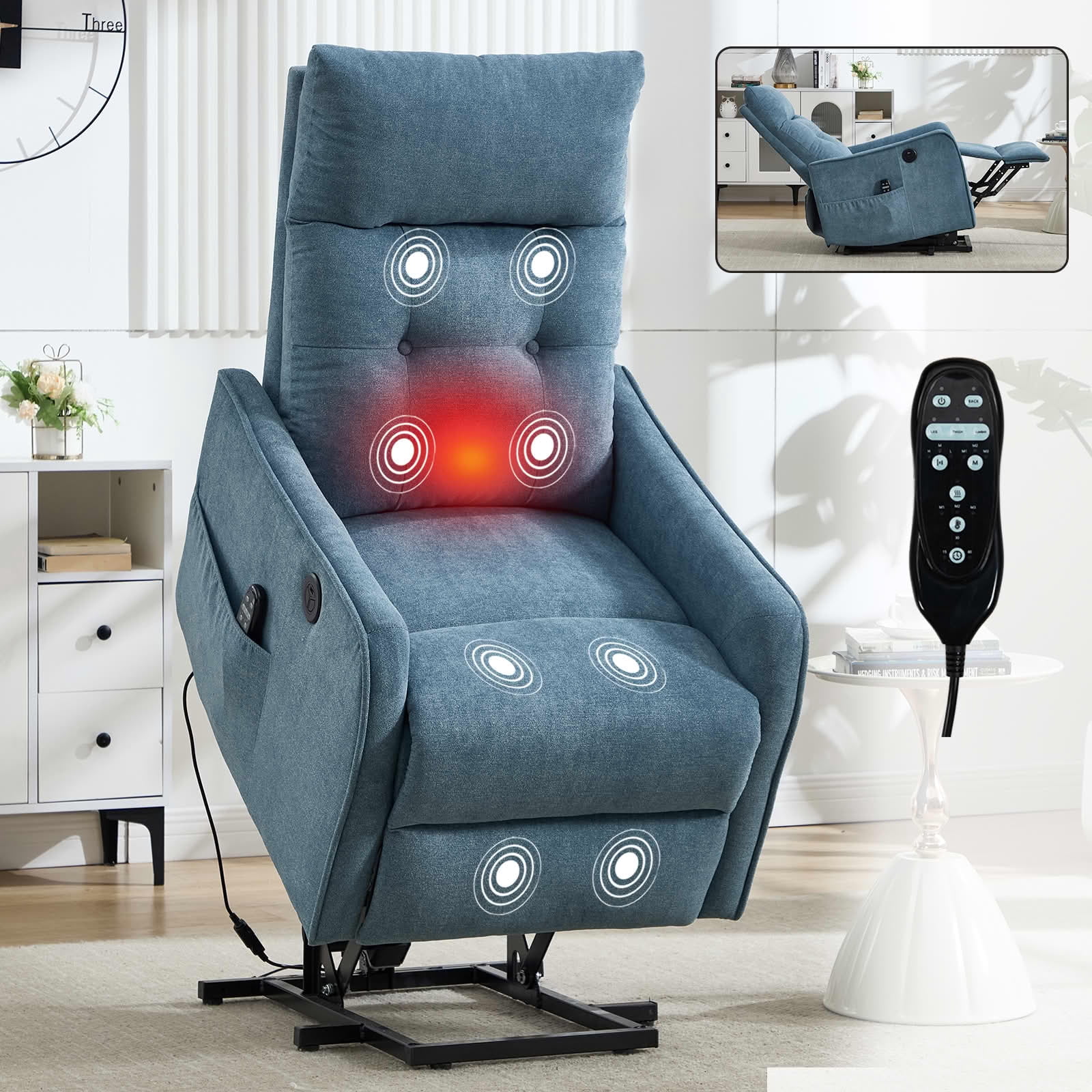 MAYEERTY Blue Chenille Power Lift Recliner Chair, Massage Heat USB Port 25"x36"x39" for Elderly