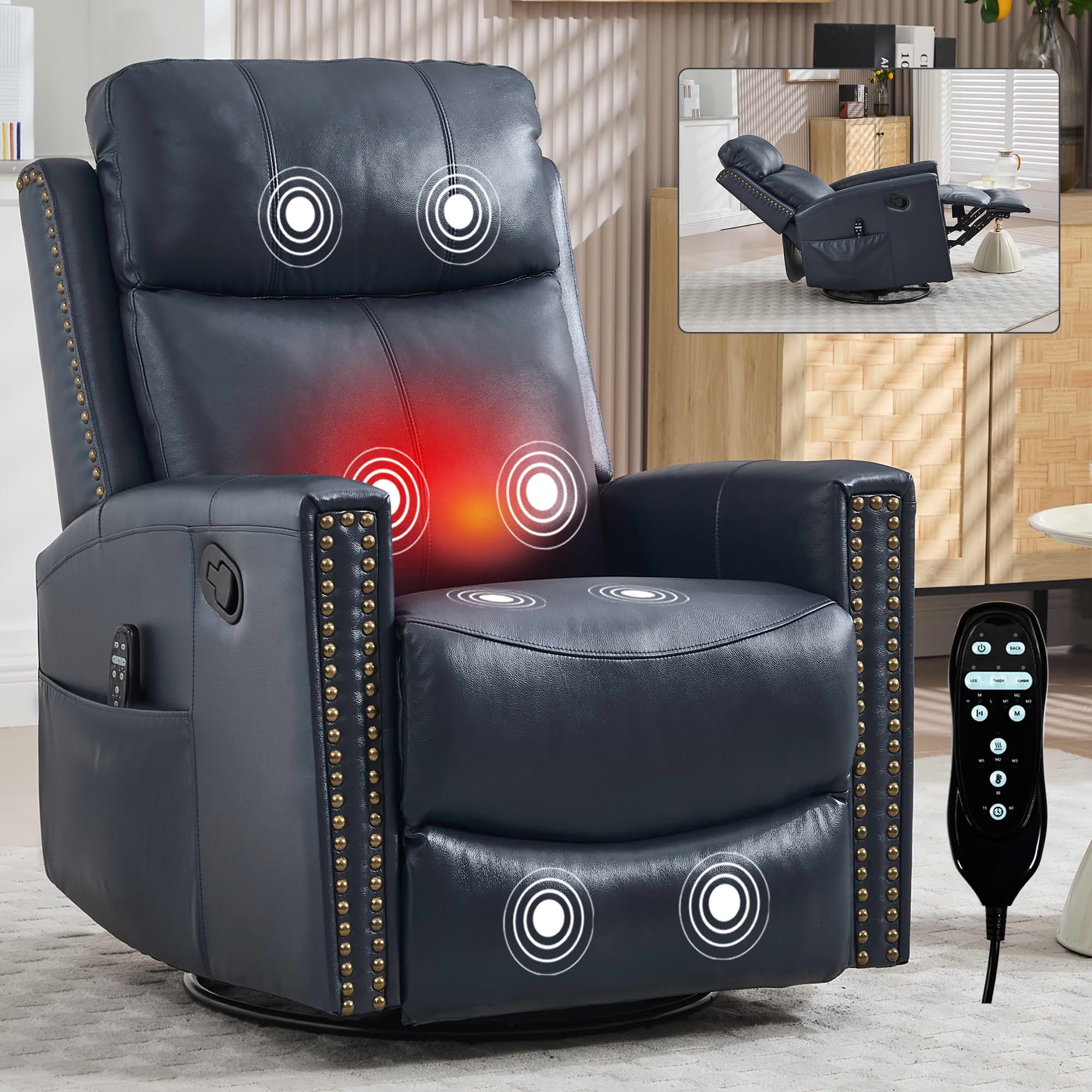 MAYEERTY Blue Genuine Leather Manual Recliner, 360° Swivel Rocker Heat Massage 31"x38"x42" for Living Room
