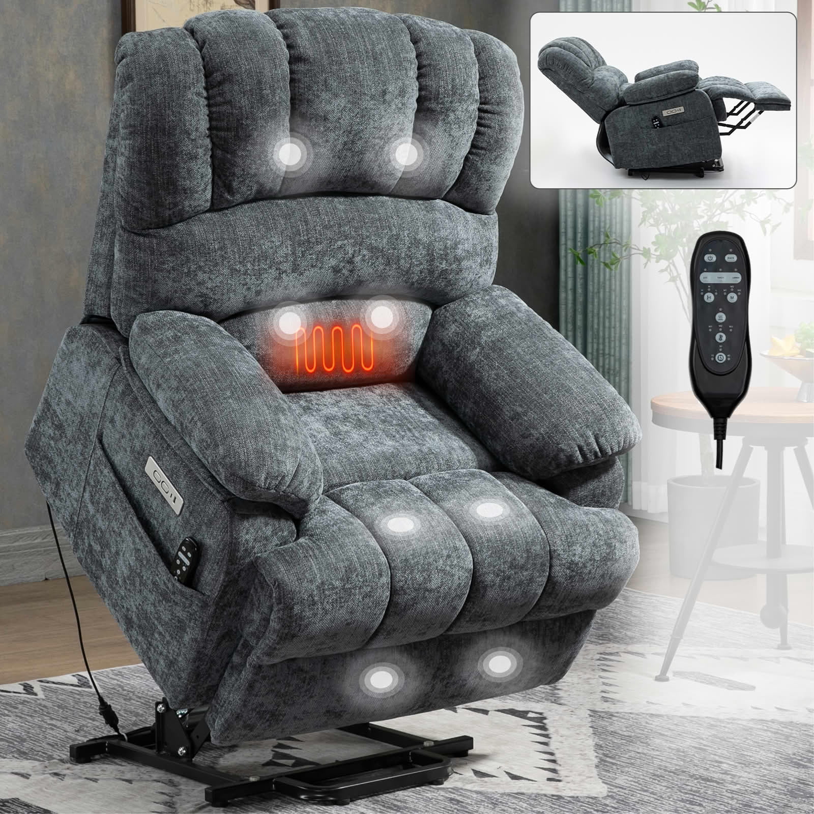 MAYEERTY Blue-Gray Chenille Power Lift Recliner, 350lbs 23" Seat Width Massage Heat USB for Elderly