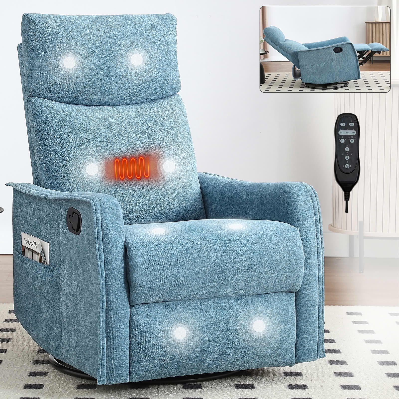 MAYEERTY Blue Heat Massage Recliner Chair, 360° Swivel Rocker 27"x36"x40" for Living Room