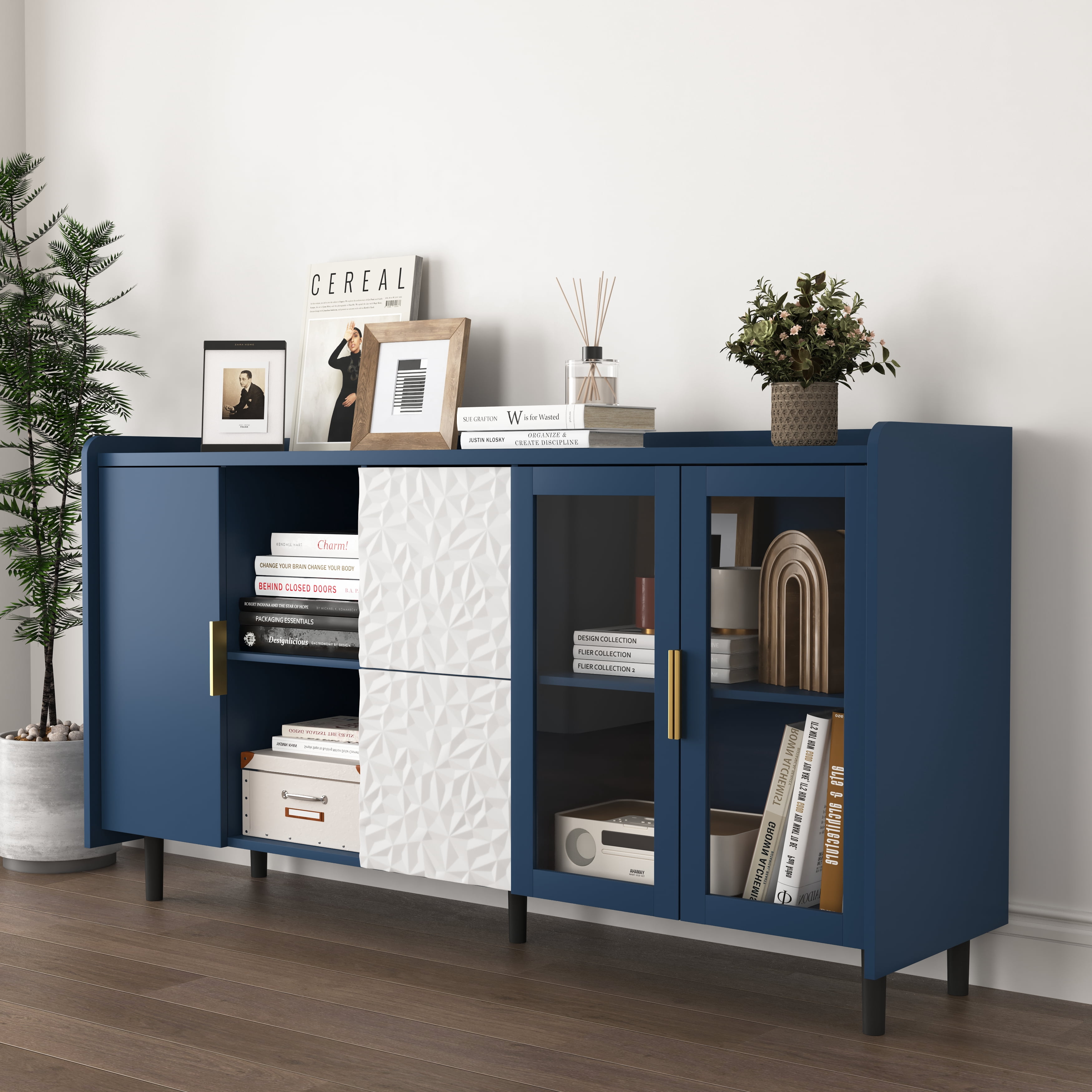 MAYEERTY Blue Kitchen Pantry Storage Cabinet, 55" Coffee Bar Cabinet with Glass Doors & Drawers