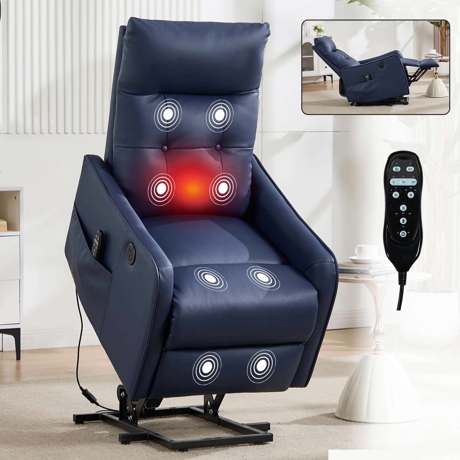 MAYEERTY Blue PU Leather Power Lift Recliner Chair, Massage Heat USB Port 25"x36"x39" for Elderly
