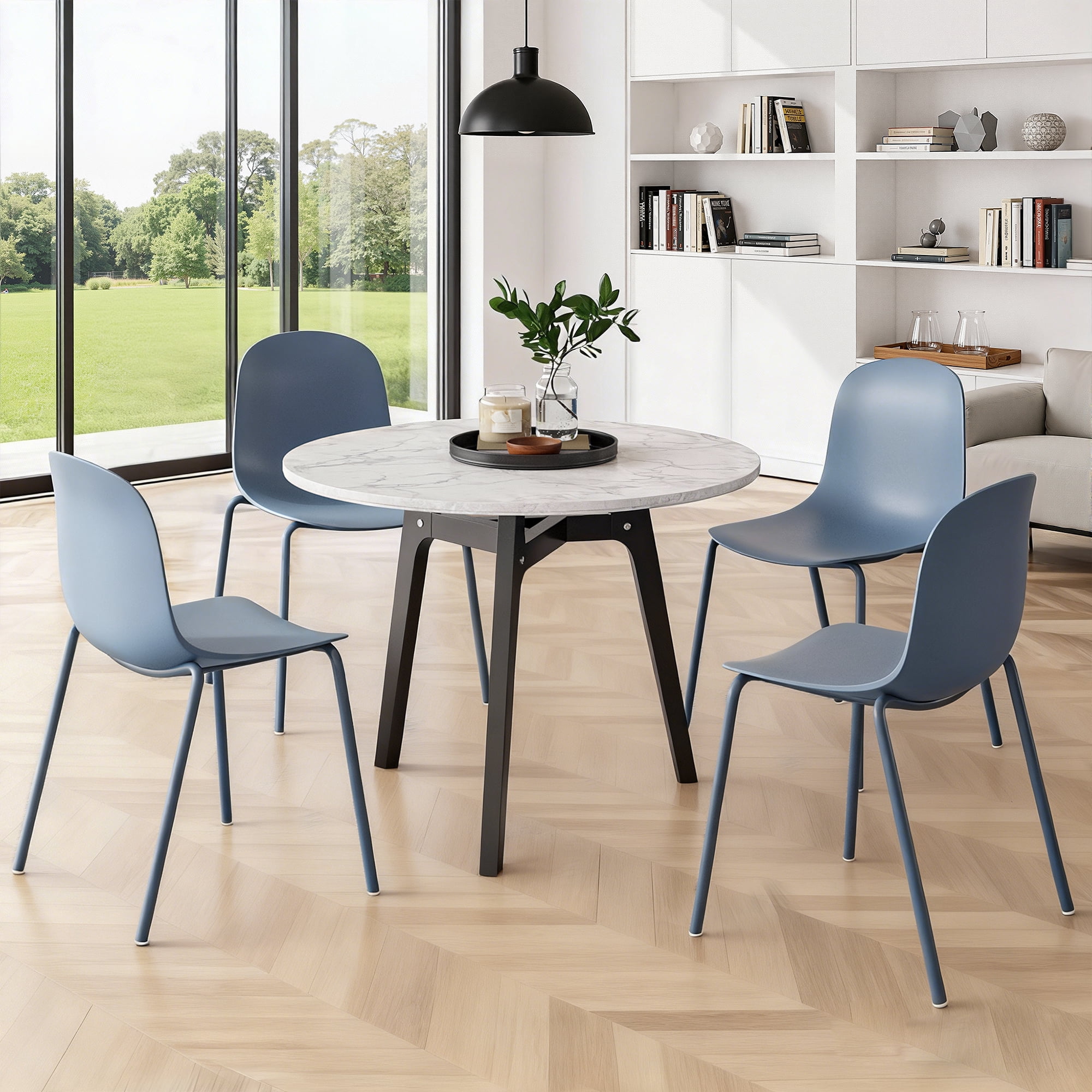 MAYEERTY Blue Set of 4 Modern Stackable Plastic Waterproof Dining Chairs, Metal Legs, Indoor/Outdoor Use