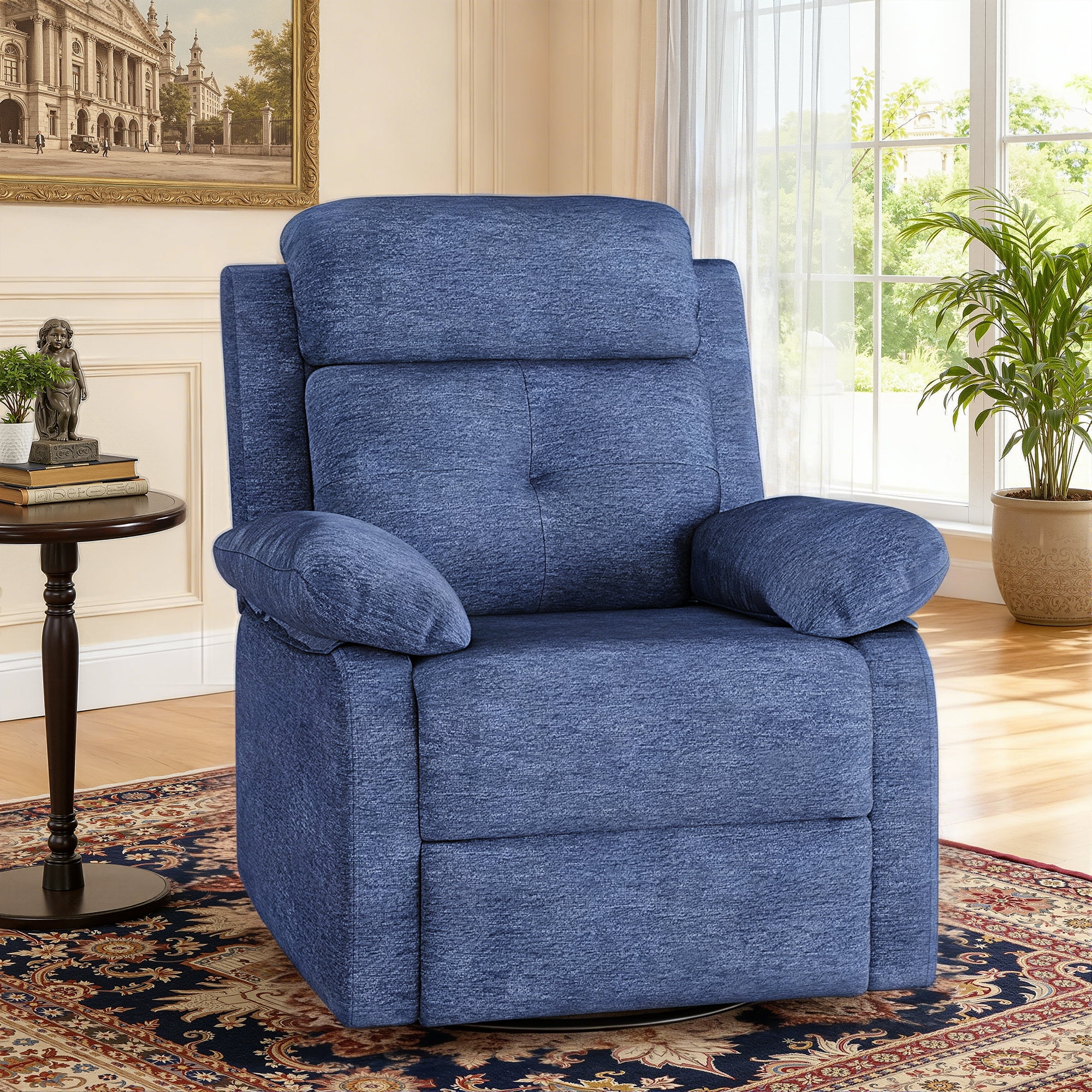 MAYEERTY Blue Small Swivel Rocker Recliner for Women, Space-Saving Design for Bedroom & Living Room