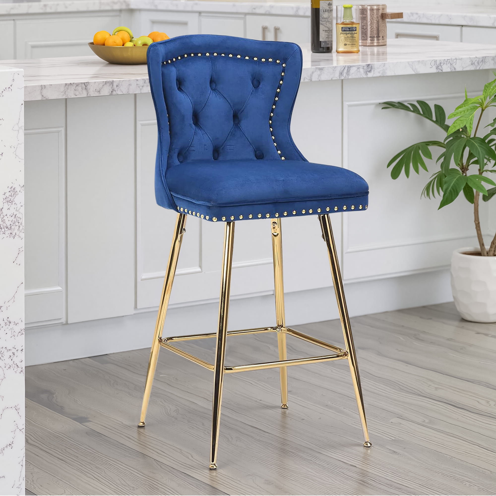 MAYEERTY Blue Velvet Bar Stools Set of 2, Button-Tufted Wing-Back,Metal Legs for Kitchen Island & Pub