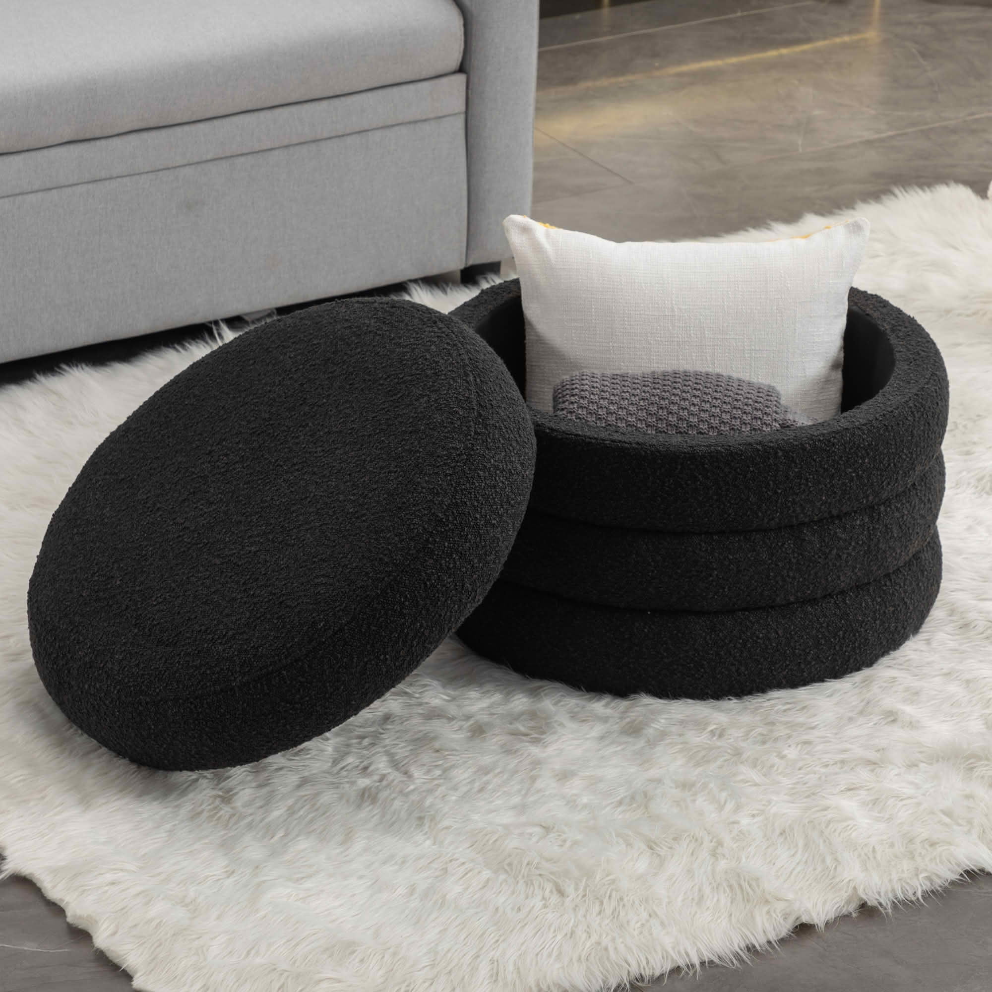 MAYEERTY Boucle Fabric Storage Round Ottoman Footrest Stool, with Wooden Shelving, Black