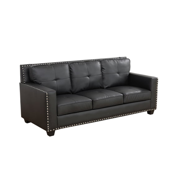 MAYEERTY Breathable Faux Leather 3-Seater Sofa, Reclining Couch with Nailhead Trim & Anti-Insect Frame for Living Room, Dark Grey