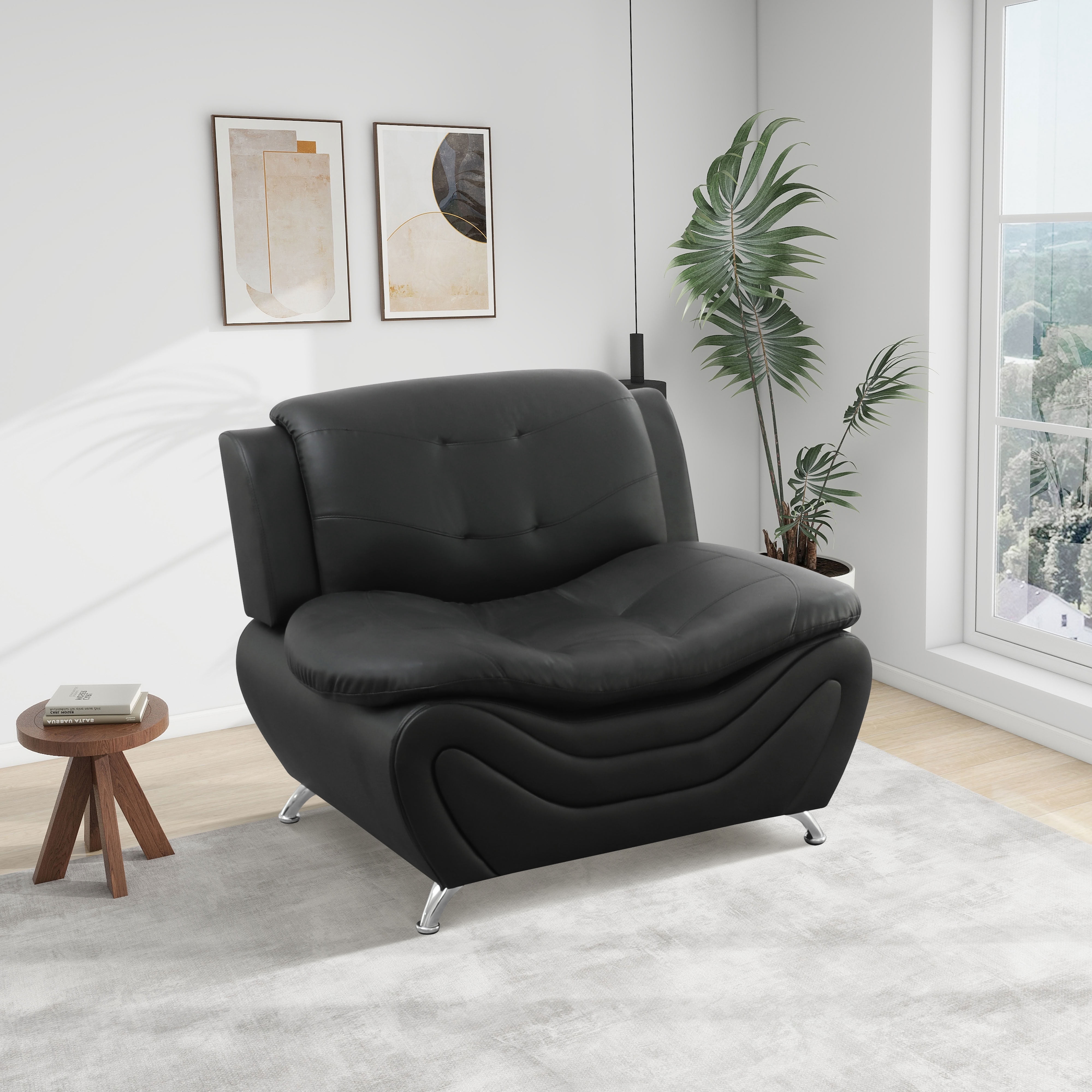 MAYEERTY Breathable Faux Leather Recliner Chair, Anti-Insect Solid Wood Frame Accent Chair for Living Room, Black
