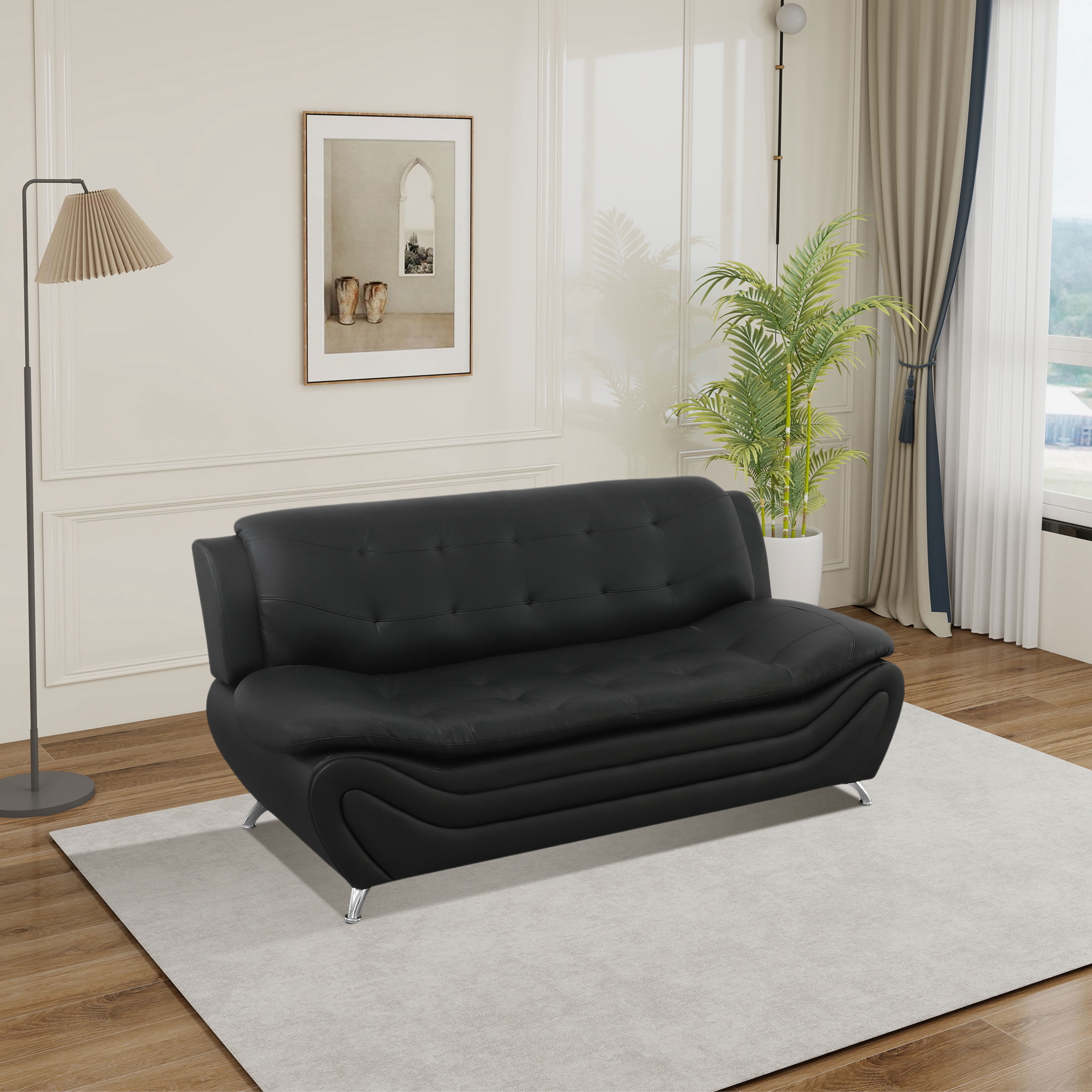 MAYEERTY Breathable Faux Leather Reclining Sofa, 3-Seater Couch with Anti-Insect Solid Wood Frame for Living Room, Black