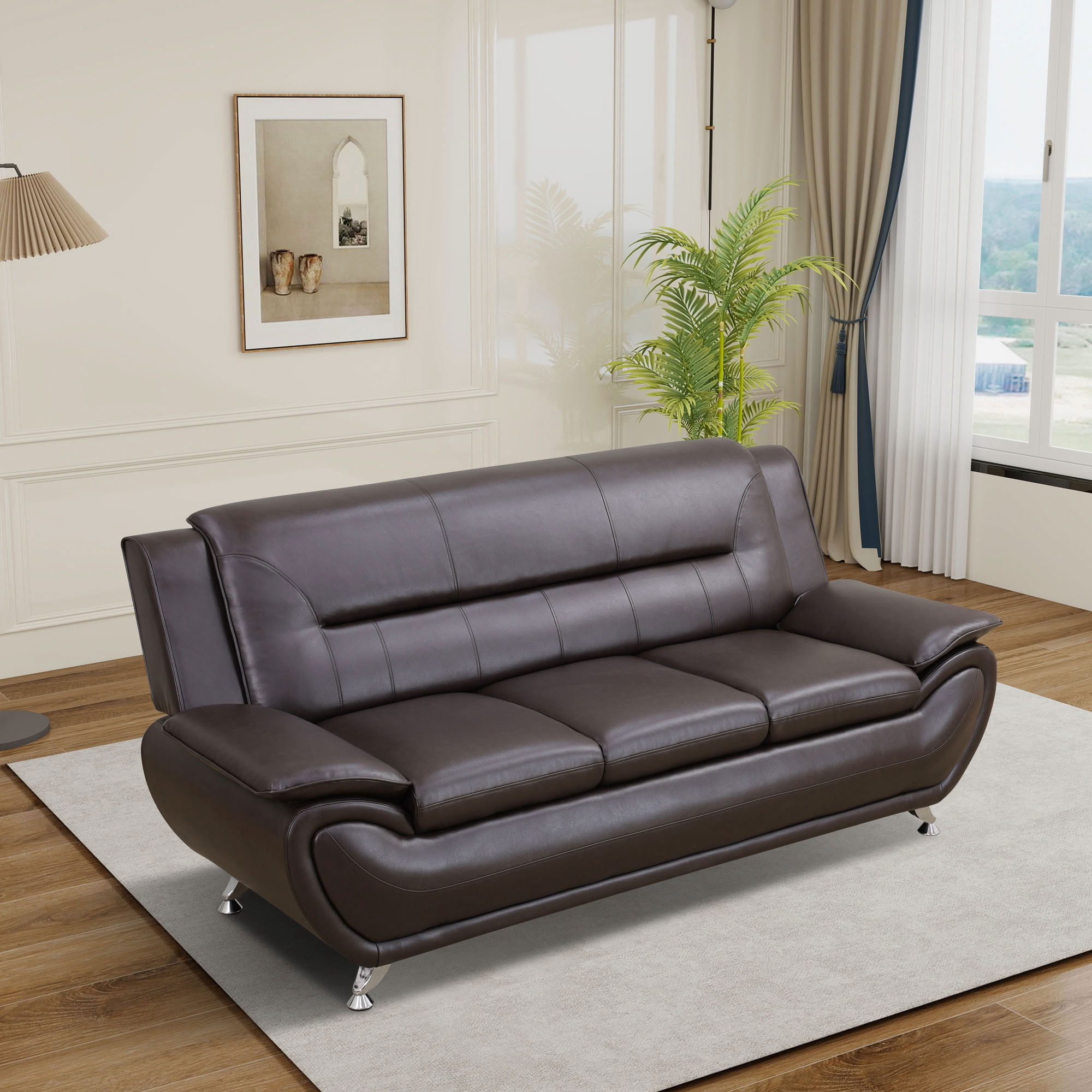 MAYEERTY Breathable Leather 3-Seater Sofa, Anti-Insect Solid Wood Frame Living Room Sofa, Brown