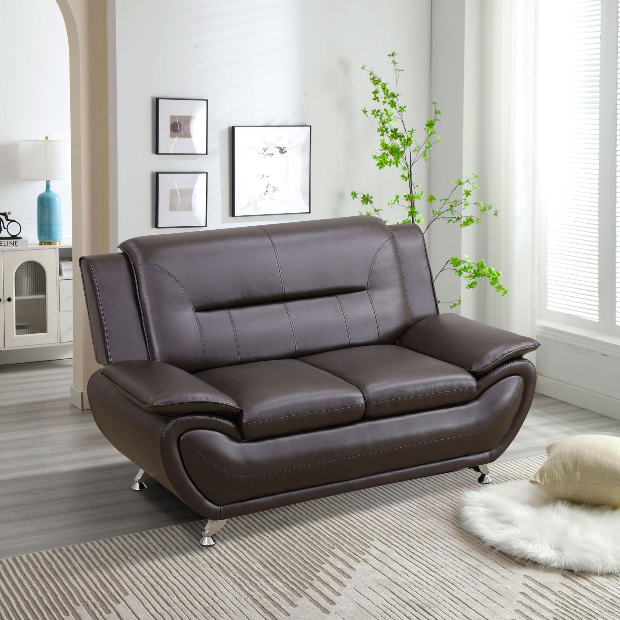 MAYEERTY Breathable Leather Loveseat Sofa, Anti-Insect Solid Wood Frame 2-Seater Sofa for Living Room, Brown