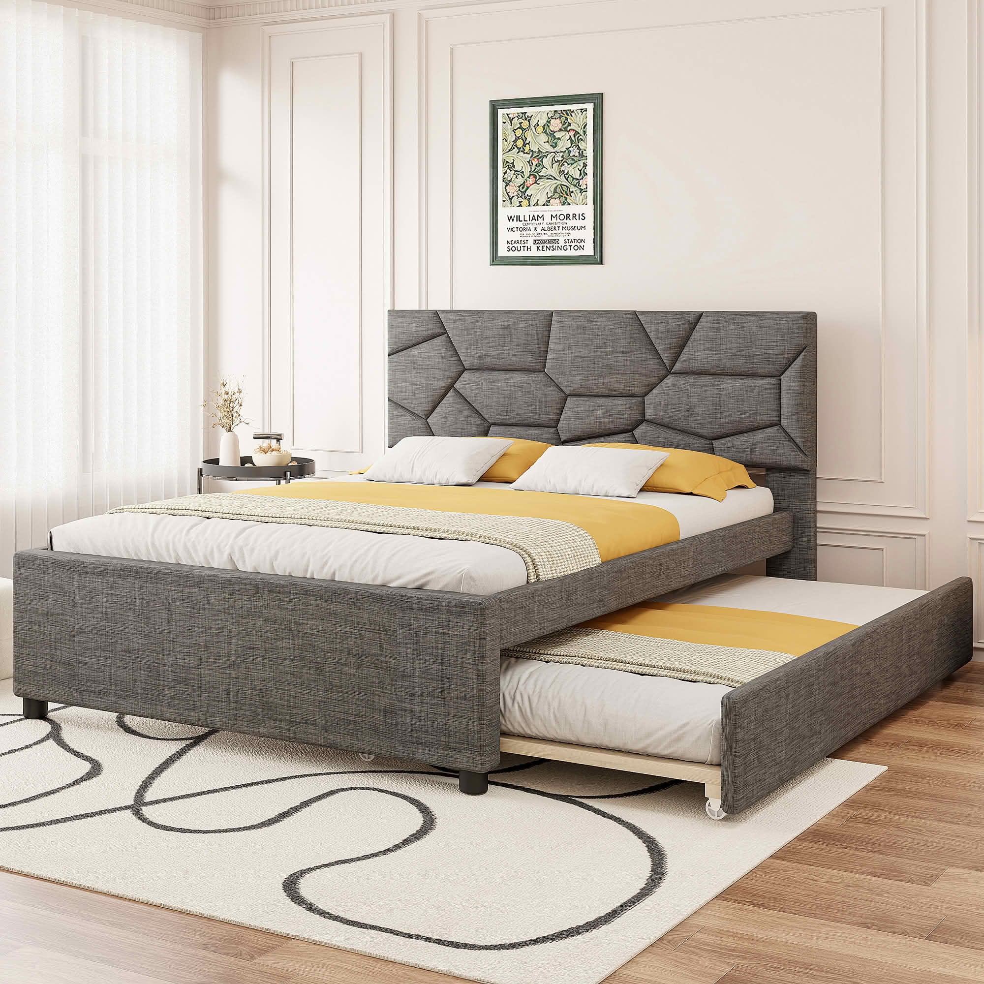 MAYEERTY Brick Pattern Upholstered Platform Bed with Twin XL Trundle, No Box Spring Needed