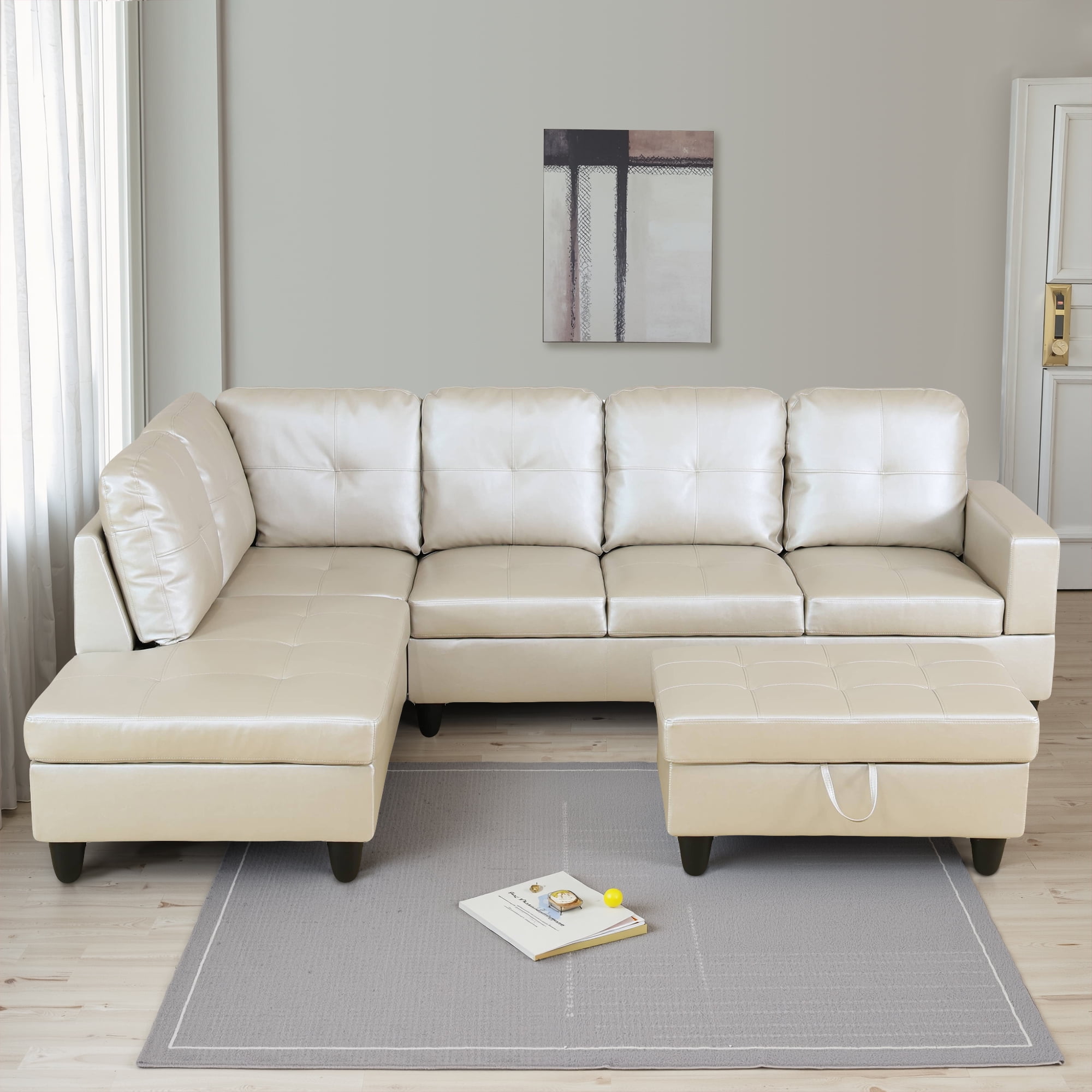 MAYEERTY 103.5" Semi PU Synthetic Leather Modern 3-Piece Sectional Couch with High-Density Foam Living Room Sofa Set，Bright Light Grey