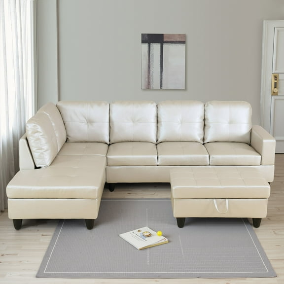 MAYEERTY 103.5" Semi PU Synthetic Leather Modern 3-Piece Sectional Couch with High-Density Foam Living Room Sofa SetBright Light Grey