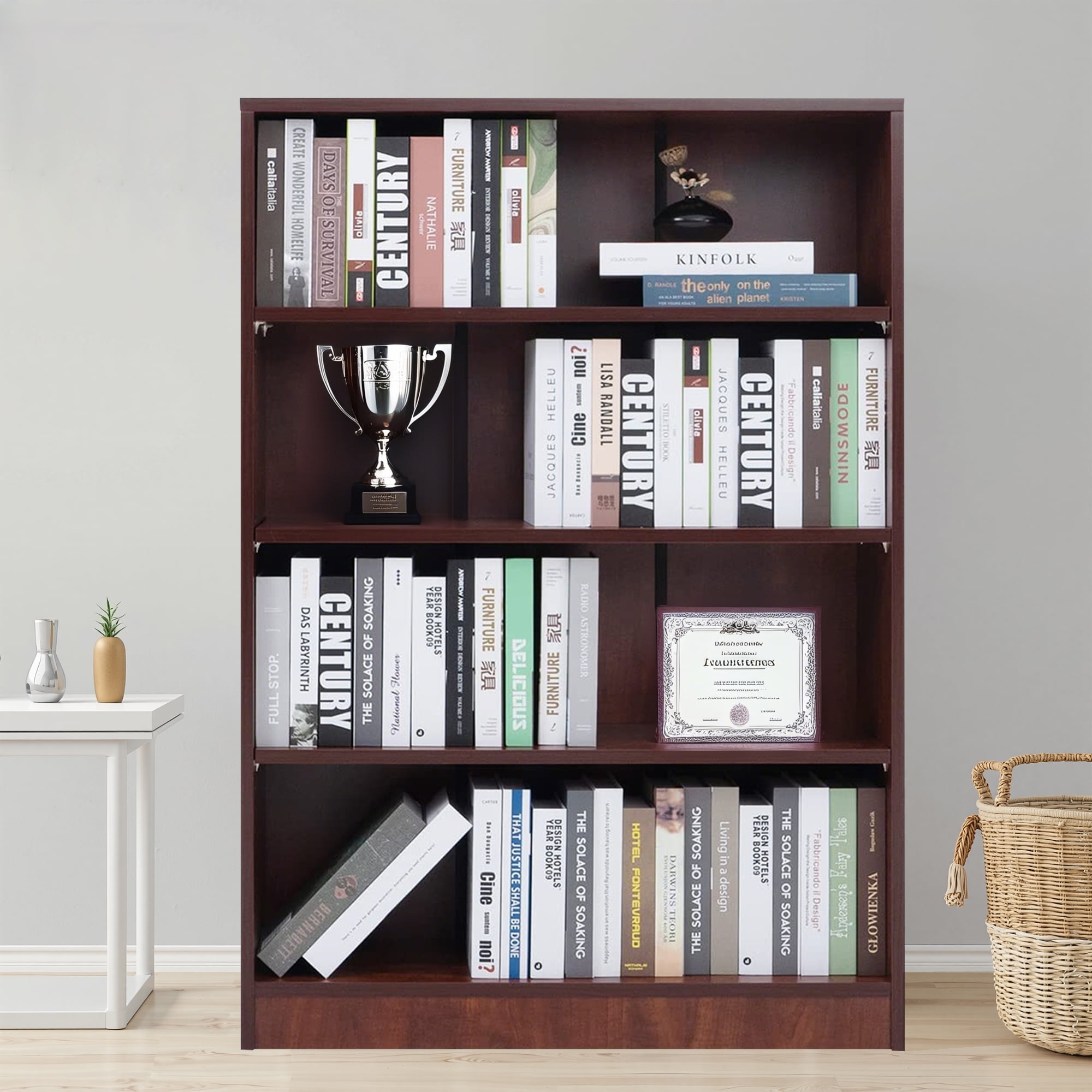 MAYEERTY Brown 4-Shelf Modern Wood Bookcase, 48" Tall, for Bedroom, Living Room, and Manga Library