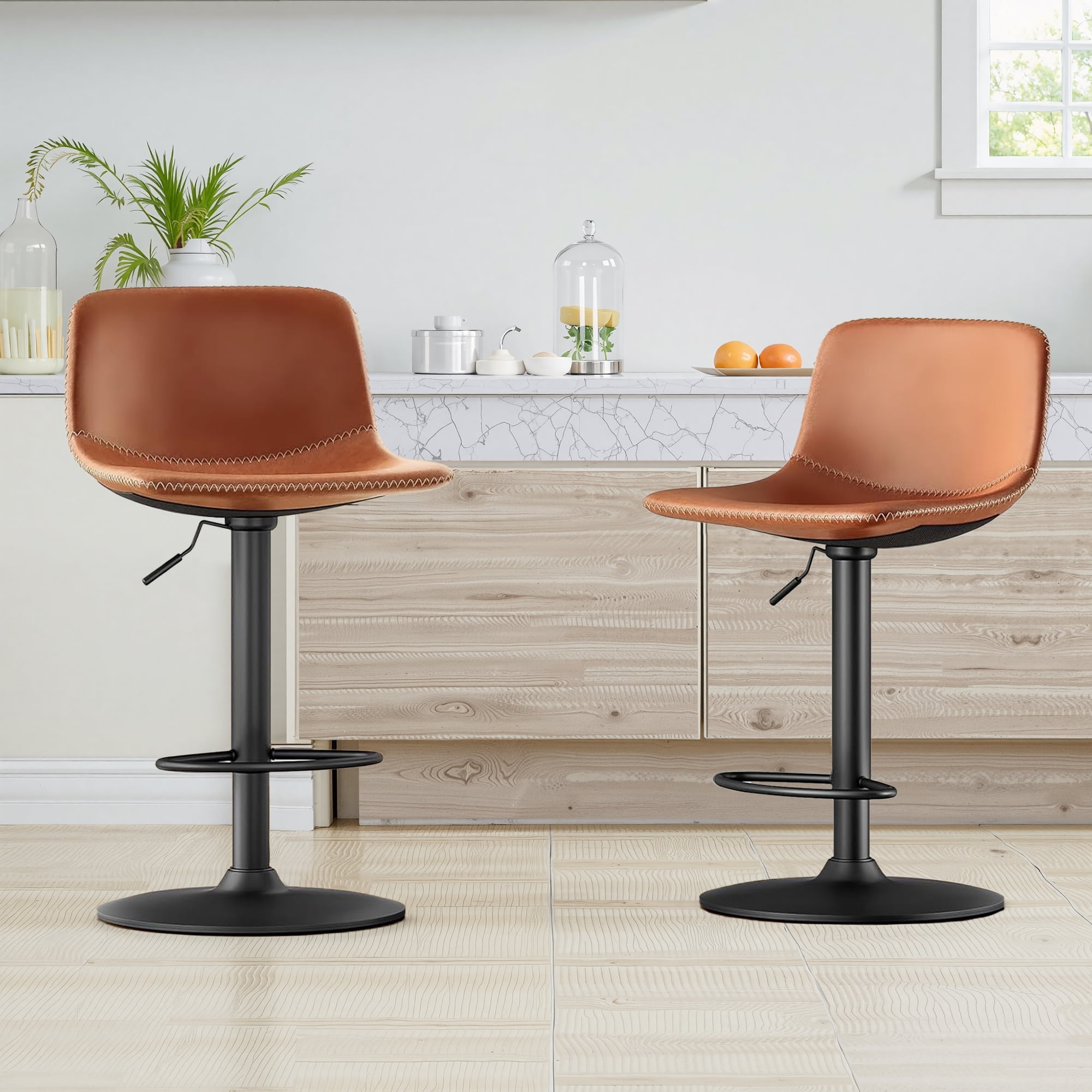 MAYEERTY 2-Set Whiskey Brown Modern Swivel Bar Stools with Back Support for Kitchen Island, Adjustable Height