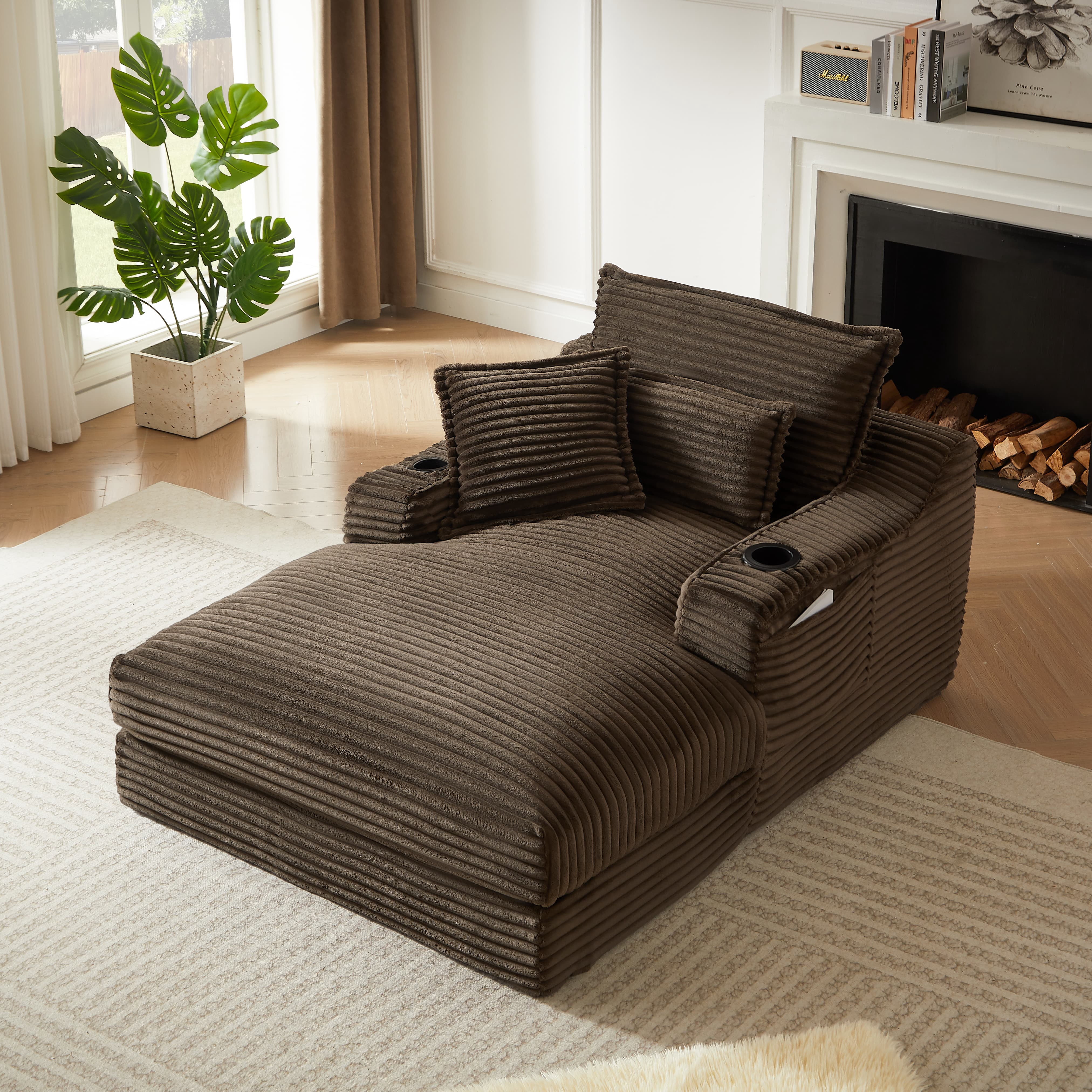 MAYEERTY Brown Corduroy Chaise Sofa, Oversized Comfortable Lounge for Living Room, 47×68×35"