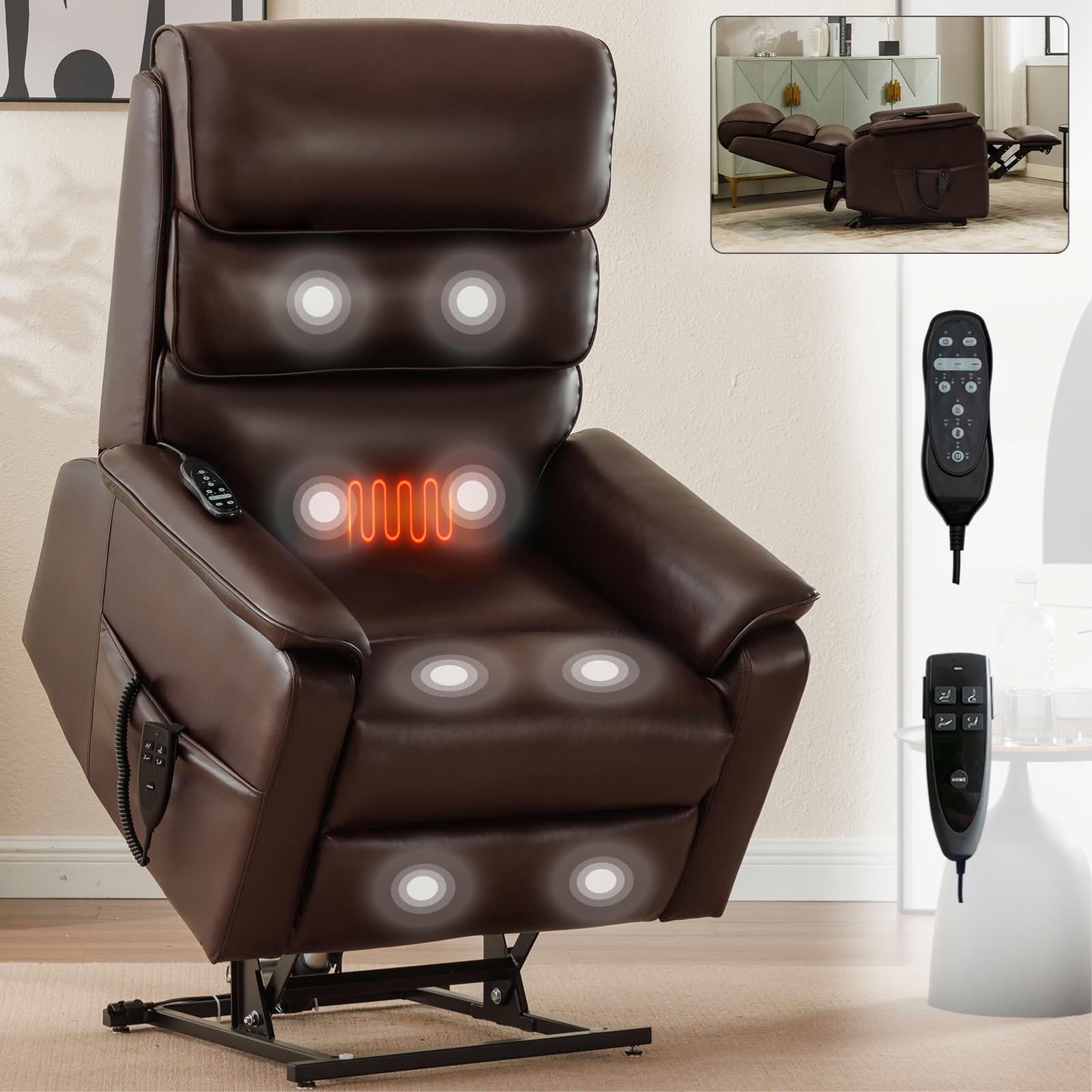 MAYEERTY Brown Dual Motor Power Lift Recliner, 350lbs 180° Infinite Position Heat Massage Chair with Remote Heavy Duty for Home