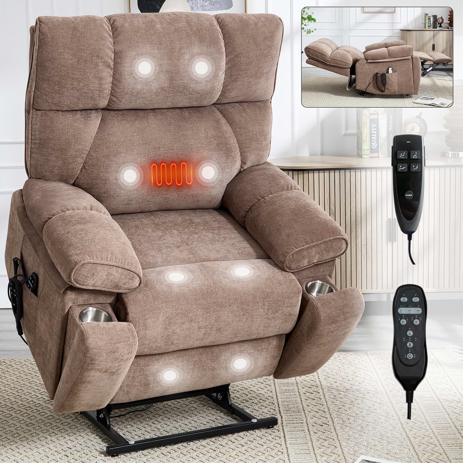 MAYEERTY Brown Dual Motor Power Lift Recliner, 350lbs Infinite Position Massage Heat Hidden Cup Holders for Elderly 41"x37"x42"
