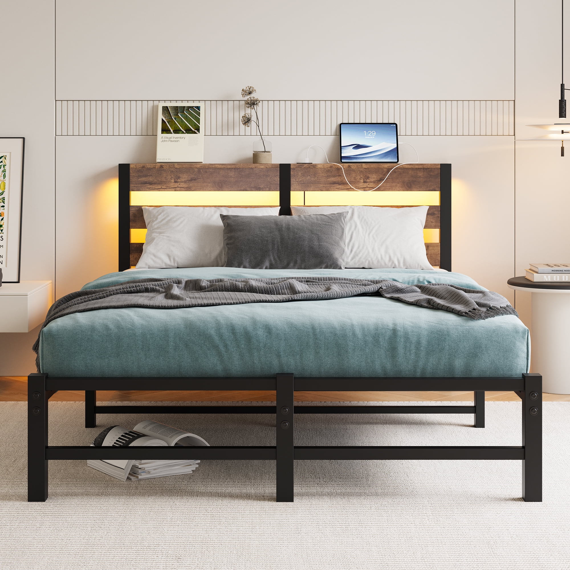 MAYEERTY Brown Full Heavy Duty Bed: Headboard, USB Charging, LED Lighting, No Box Spring​