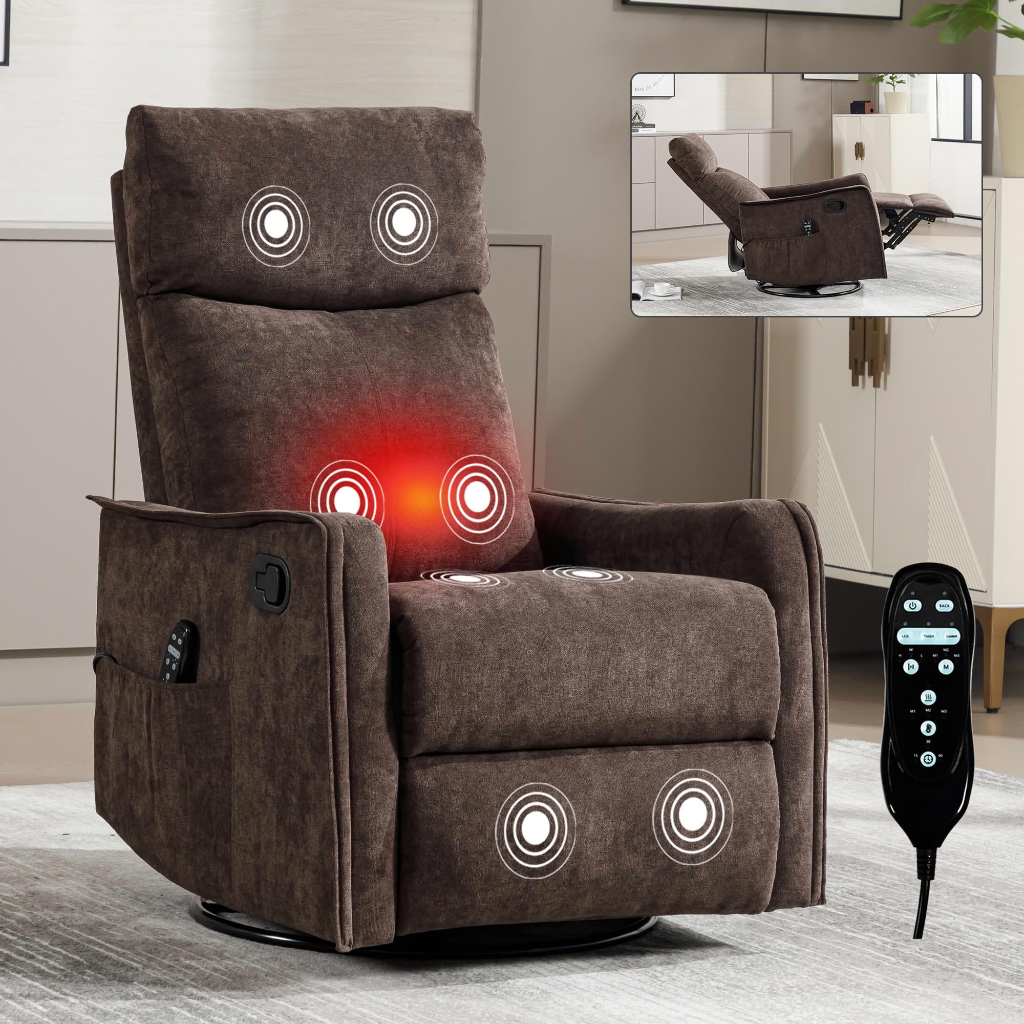 MAYEERTY Brown Heat Massage Recliner Chair, 360° Swivel Rocker 27"x36"x40" for Living Room