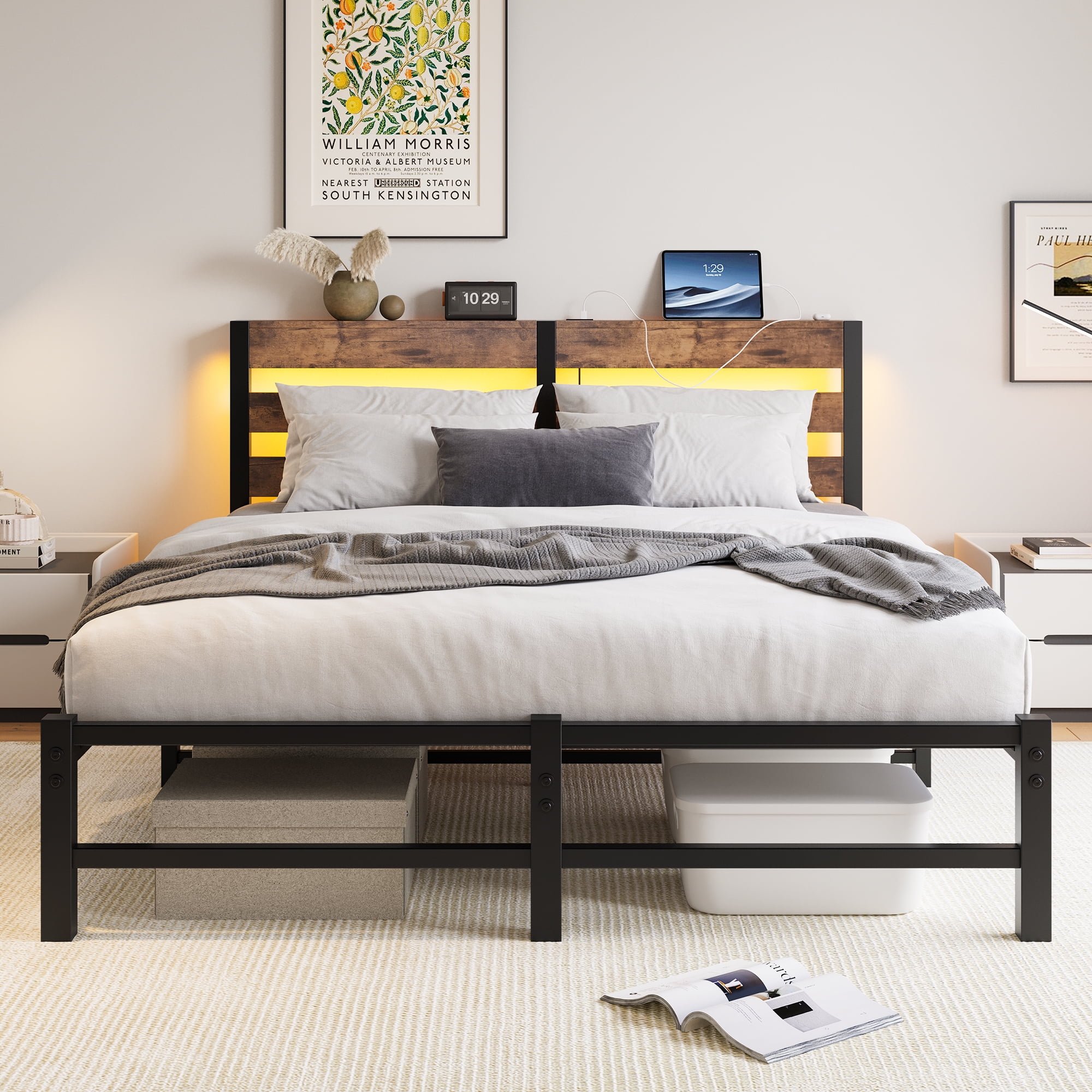 MAYEERTY Brown Queen Heavy Duty Bed: Headboard, USB Charging, LED Lighting, No Box Spring​