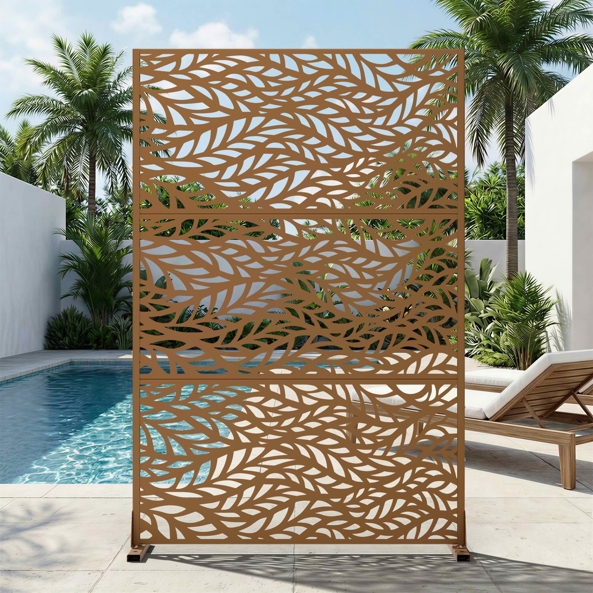 MAYEERTY Brown Rectangular Galvanized Metal Privacy Screen, Outdoor Garden Patio, 72×47×16in, 3 Panels