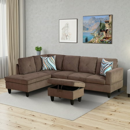 MAYEERTY Brown Sackcloth Fabric 3-Piece Living Room Sofa Set