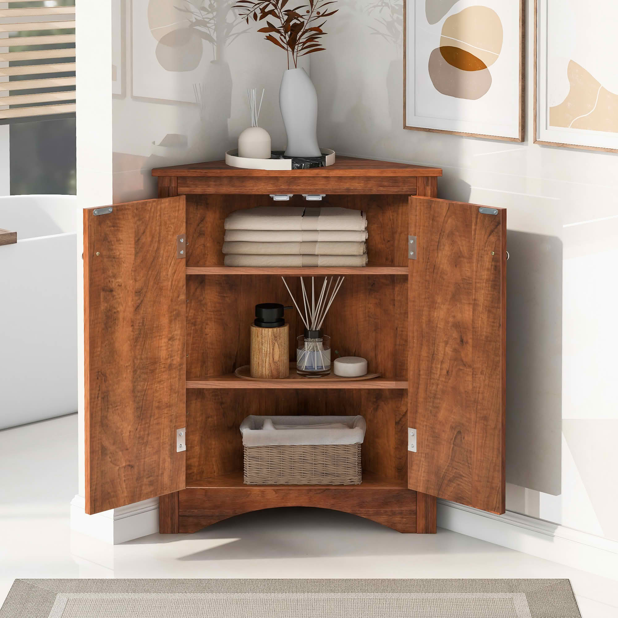 MAYEERTY Brown Triangle Bathroom Cabinet Adjustable Shelves Freestanding Floor Cabinet
