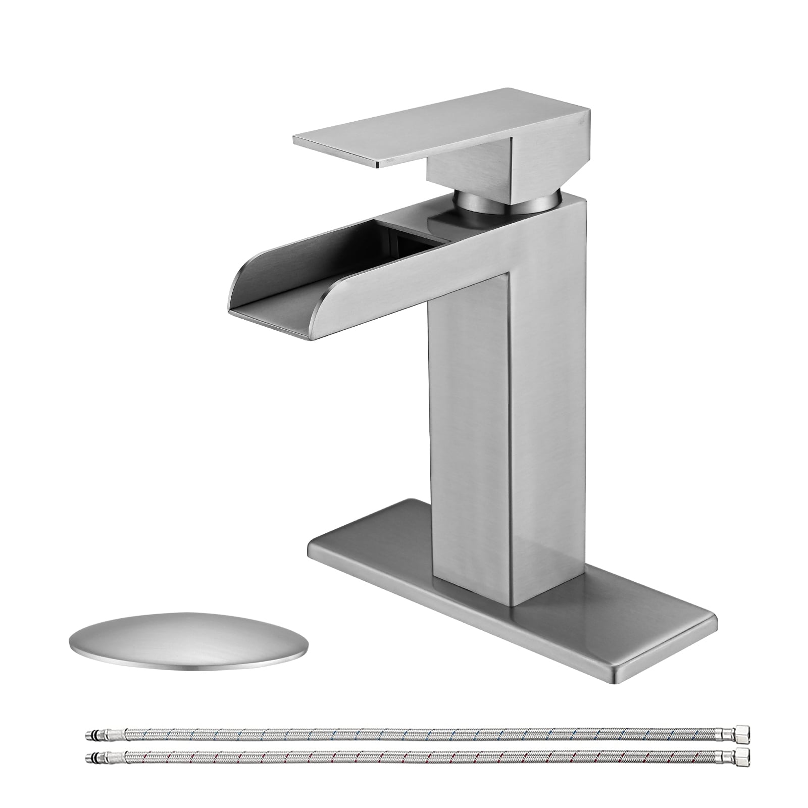 MAYEERTY Brushed Nickel Waterfall Single Handle Bathroom Faucet with Deck Plate & Pop-Up Drain, Brushed Nickel