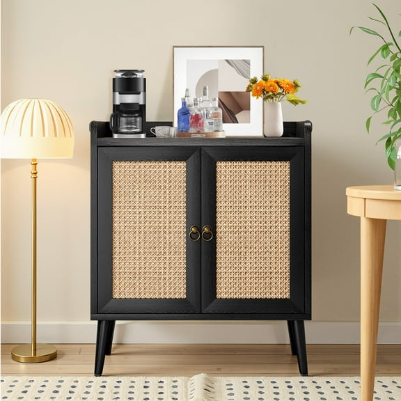 MAYEERTY Buffet Cabinet, Rattan-Door Sideboard with Storage For Dining Room & Hallway, Black