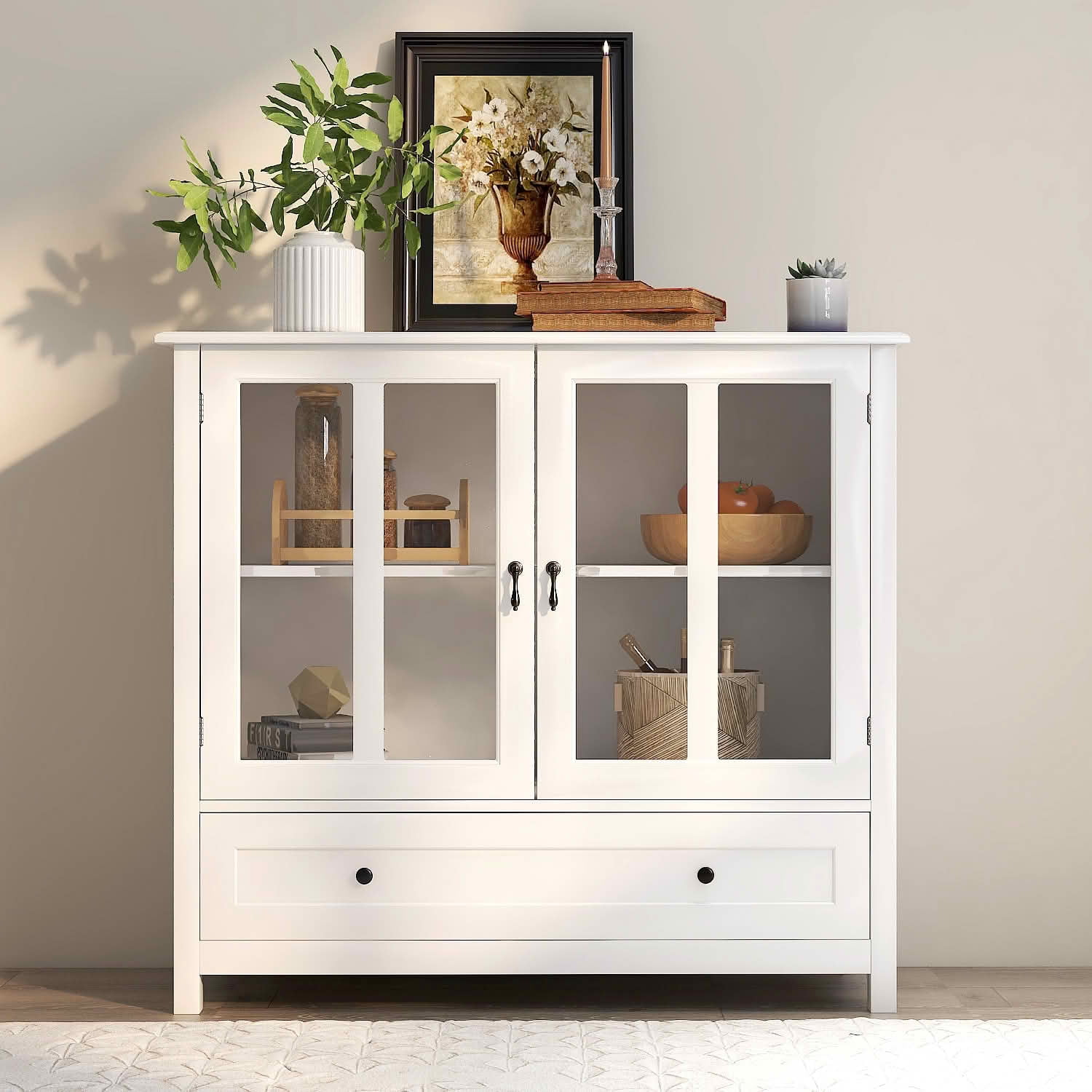 MAYEERTY Buffet Storage Cabinet, Double Glass Doors with Unique Bell Handle