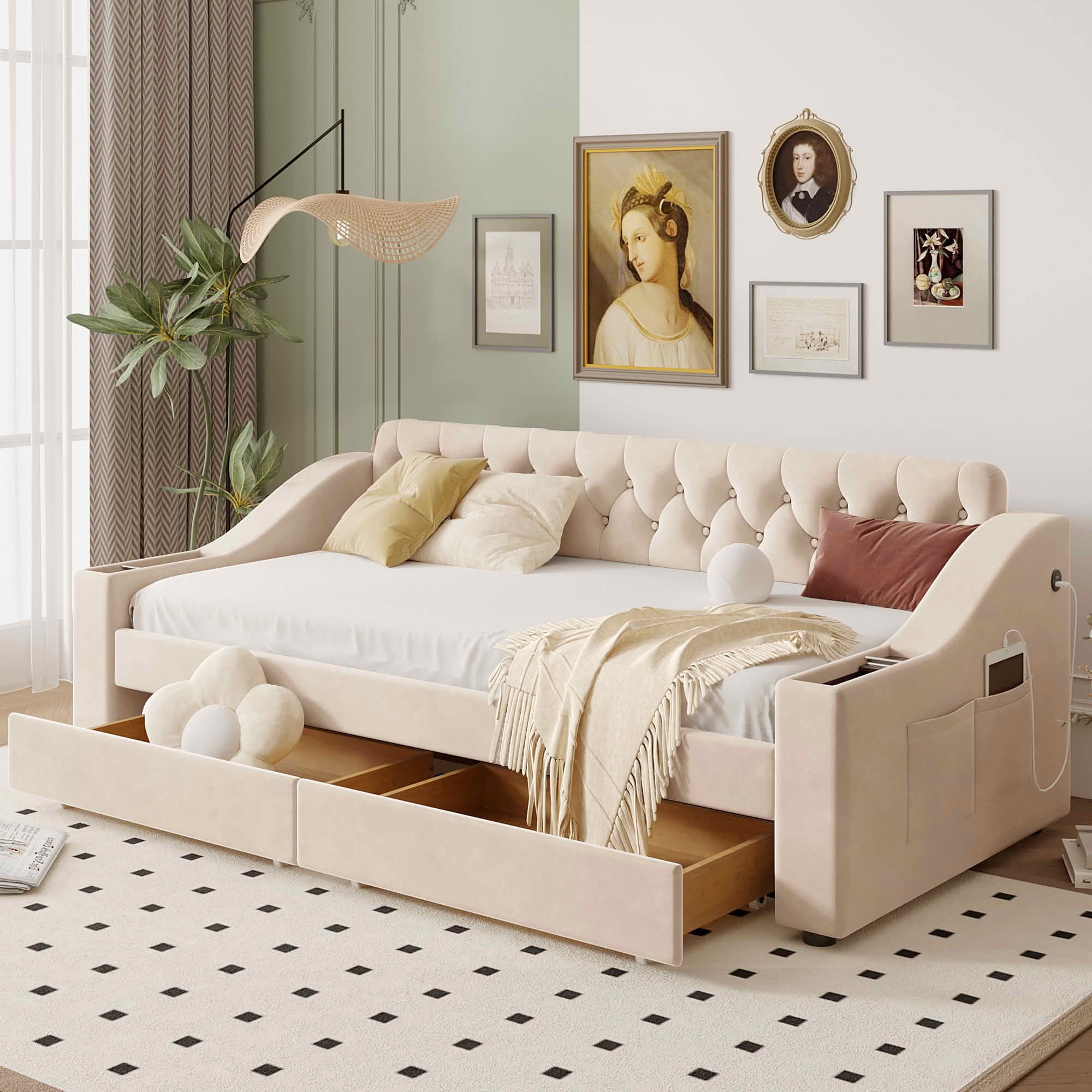 MAYEERTY Button-Tufted Velvet Daybed with 2 Storage Drawers, Dual USB Ports & 400lbs Sturdy Wooden Slat Frame, No Box Spring Needed & Easy Assembly