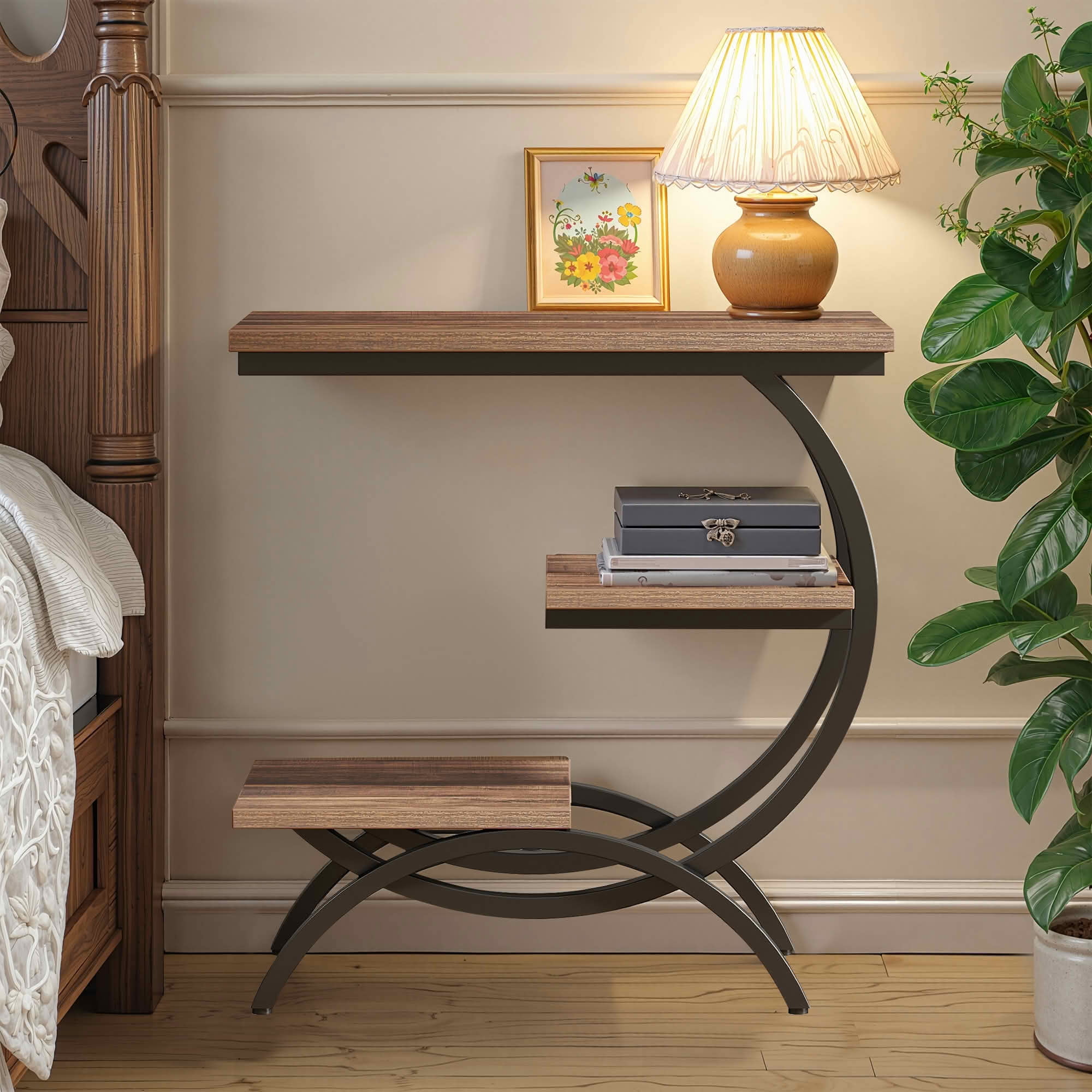 MAYEERTY C-Shaped 3-Tier Industrial End Table, Rustic Brown Particle Board Black Metal Frame Adjustable Feet Small Space Side Table