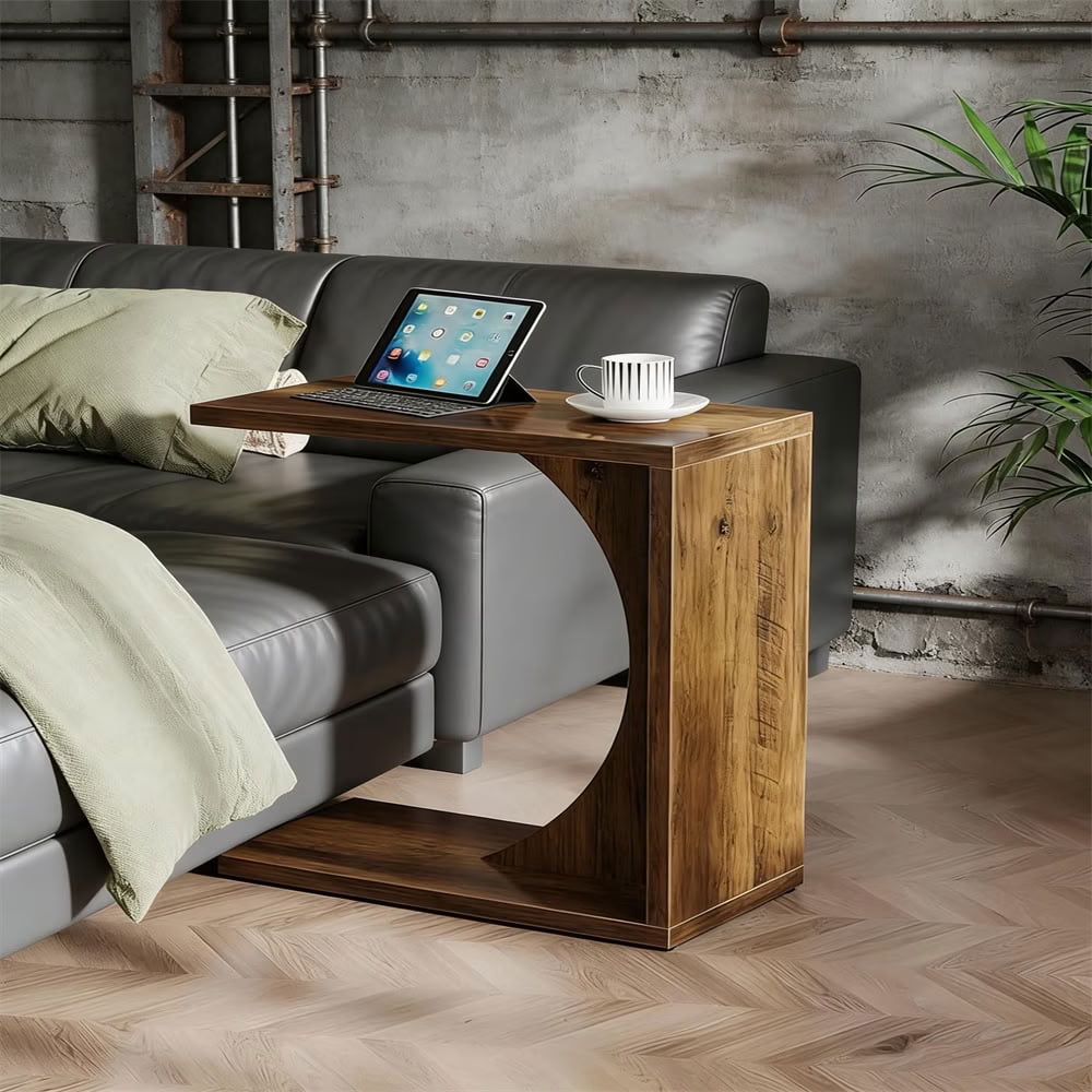 MAYEERTY C-Shaped End Table, Modern Wooden Space-Saving Couch Table for Living Room, Bedroom, Home Office