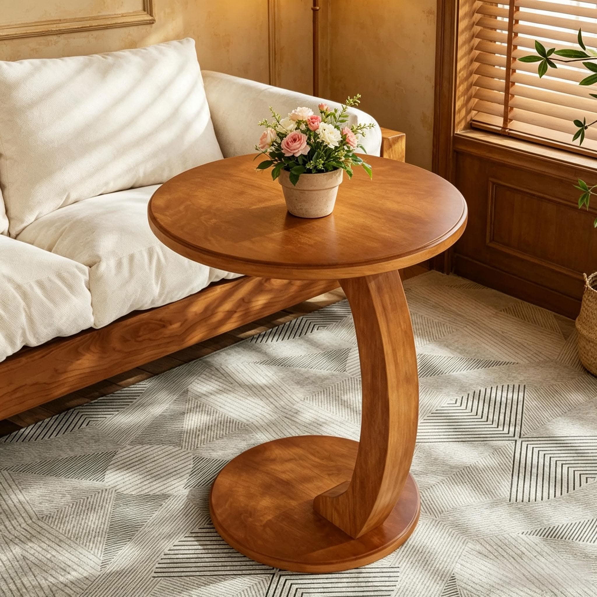 MAYEERTY C-Shaped End Table, Round Vintage Wooden Side Table with Curved Leg, Space-Saving Sofa Table for Living Room, Bedroom, Small Spaces