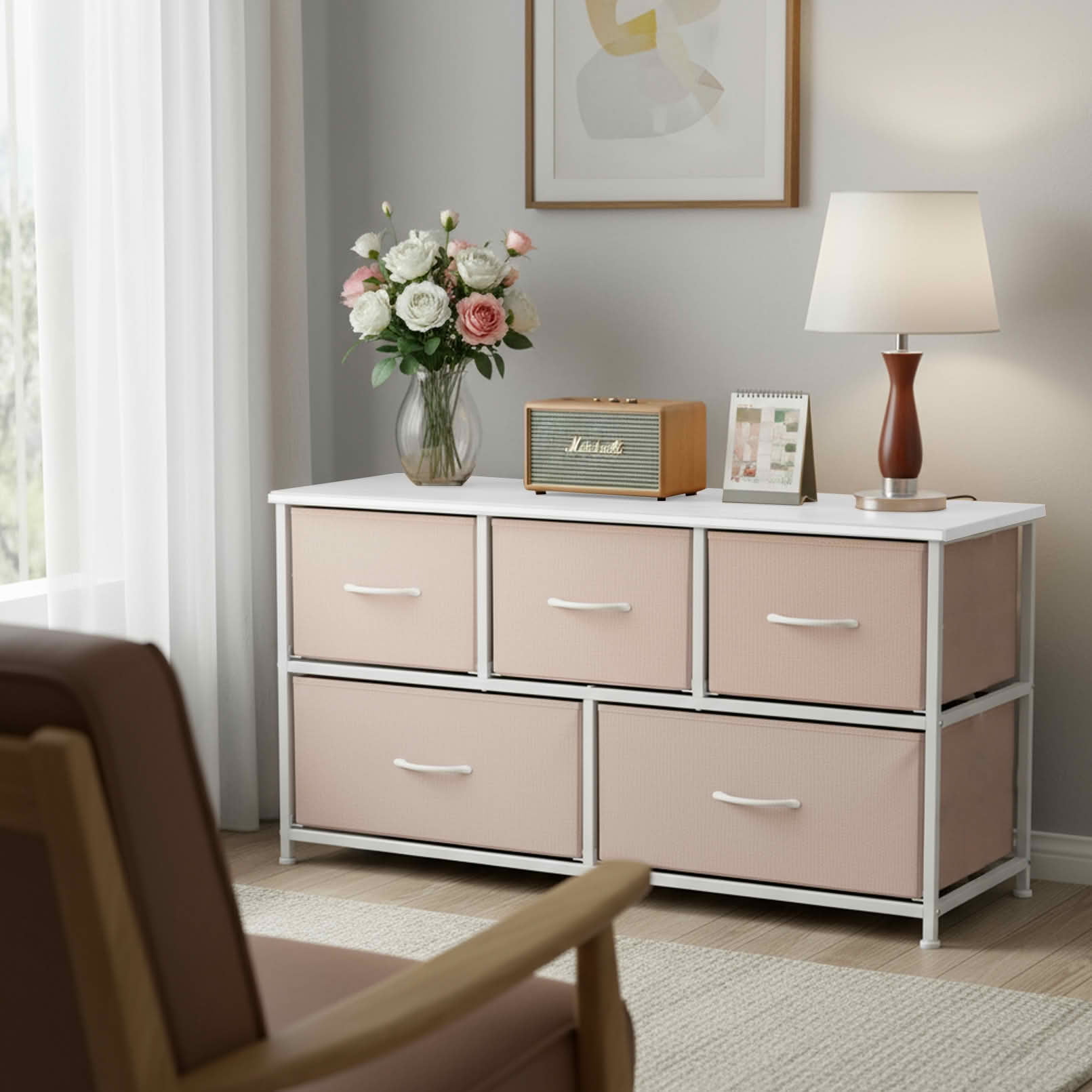 MAYEERTY Fabric Drawer Nightstand with Wooden Top, Multifunctional Storage Dresser Cabinet for Closet Bedroom Hallway