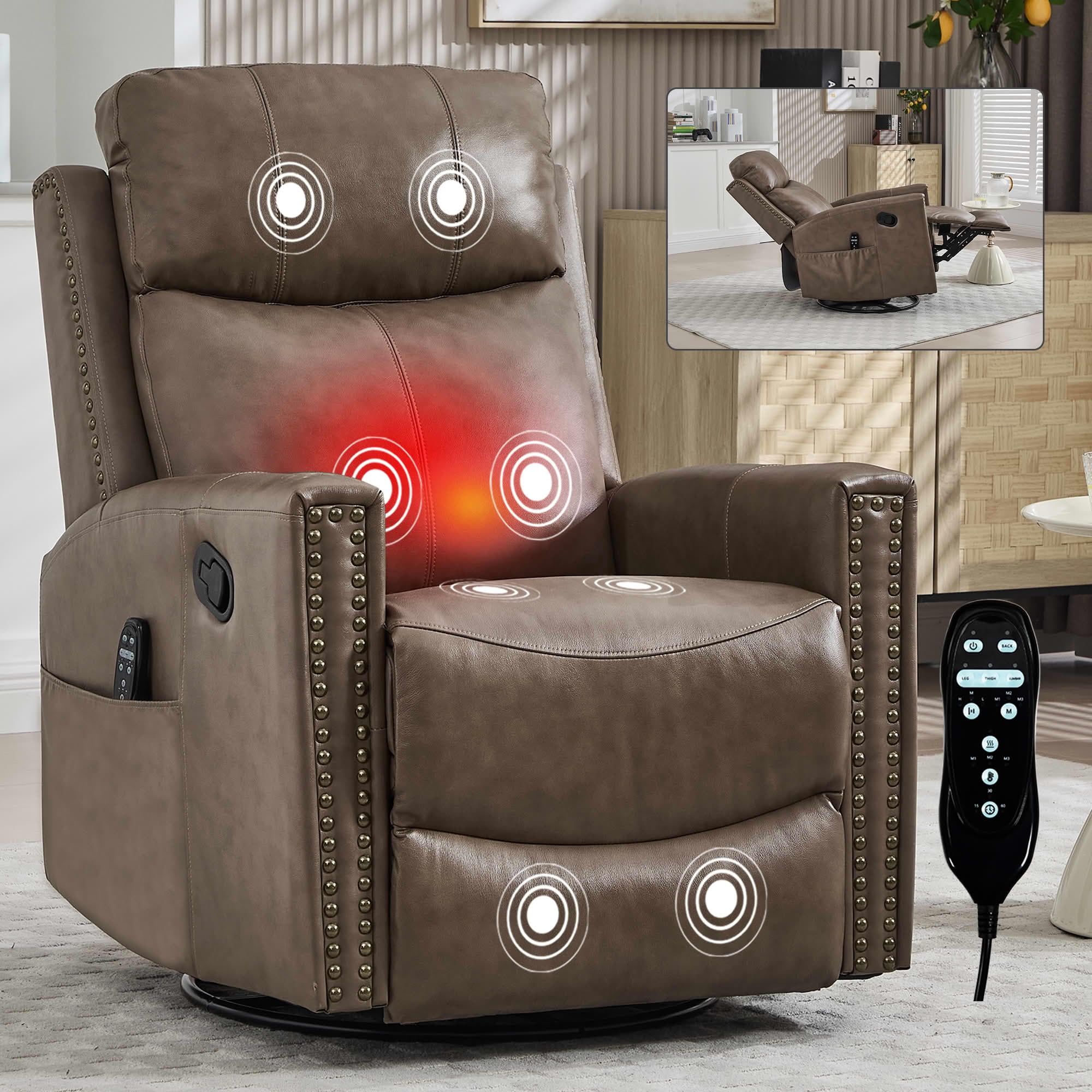 MAYEERTY Camel Brown Genuine Leather Manual Recliner Chair 360° Swivel Rocker 155° Recline with 8-Point Massage Heat for Living Room