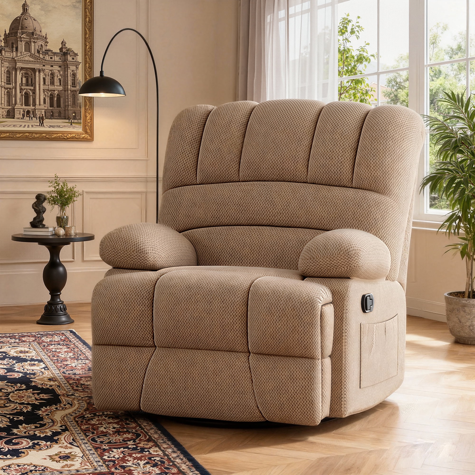 MAYEERTY Light Camel Oversized Swivel Rocker Recliner Sofa for Adults, Velvet, Perfect for Living Room