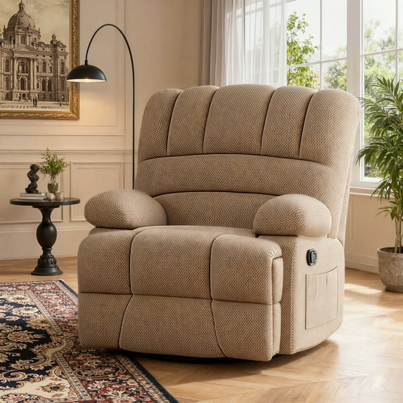 MAYEERTY Light Camel Oversized Swivel Rocker Recliner Sofa for Adults, Velvet, Perfect for Living Room