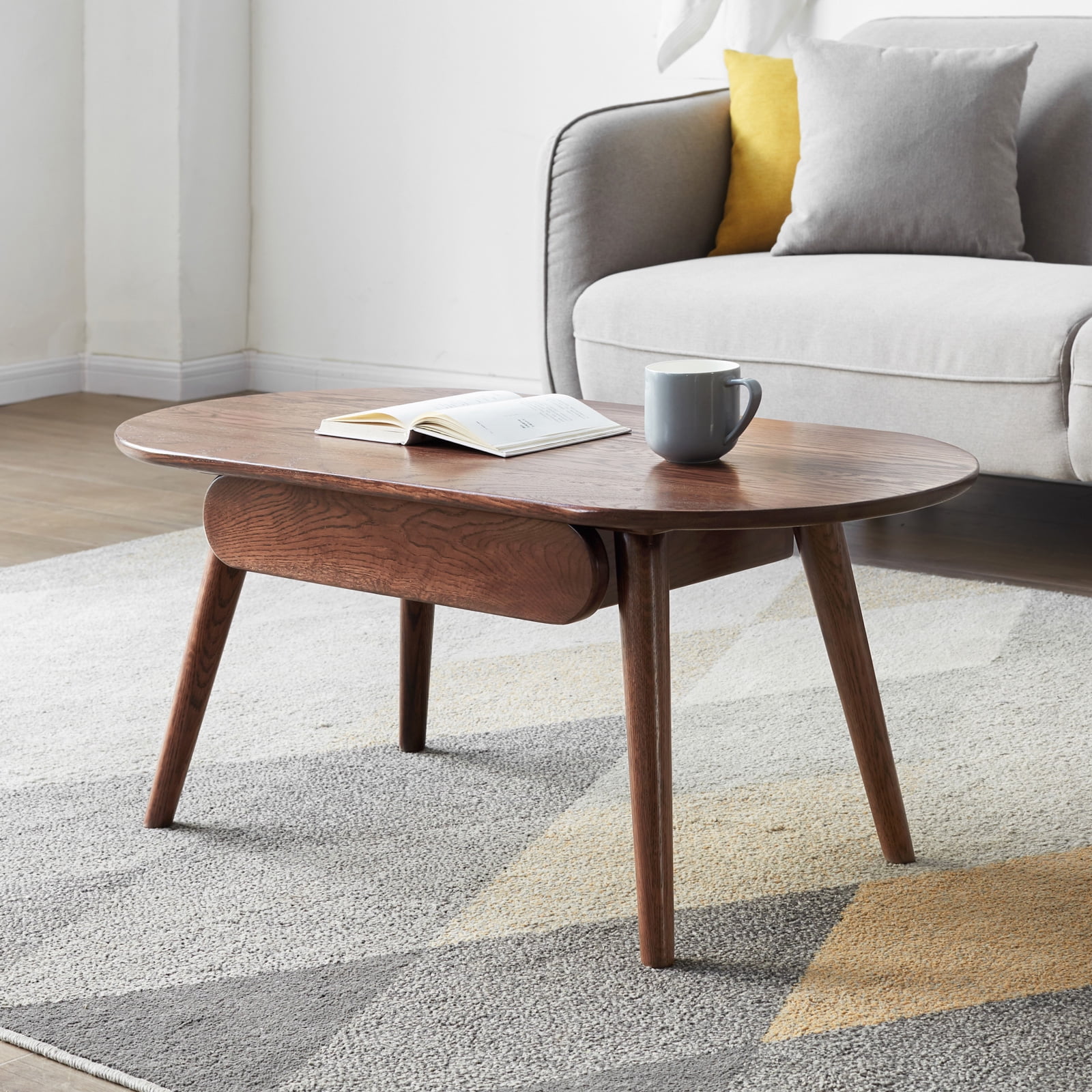 MAYEERTY Capsule Solid Oak Coffee Table with Storage Drawers – Modern Oval Center Table for Living Room & Home Office