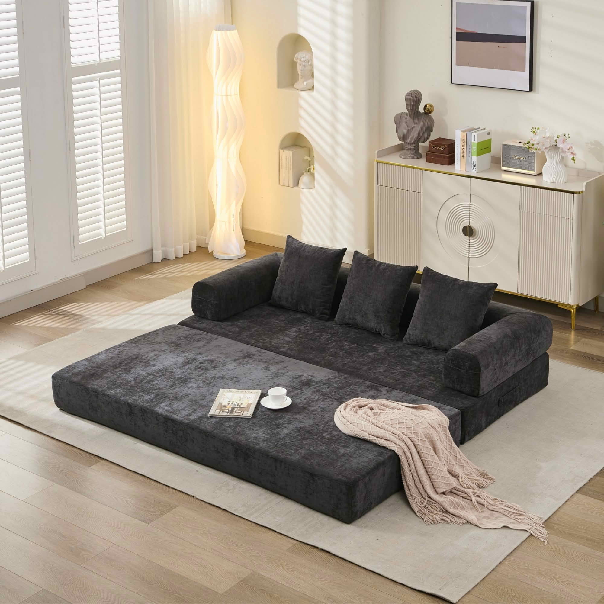 MAYEERTY Chenille Convertible Floor Sofa Bed, 78.8 Inch Folding Modular Lounge Couch with Armrest for Studio Bedroom Small Apartment