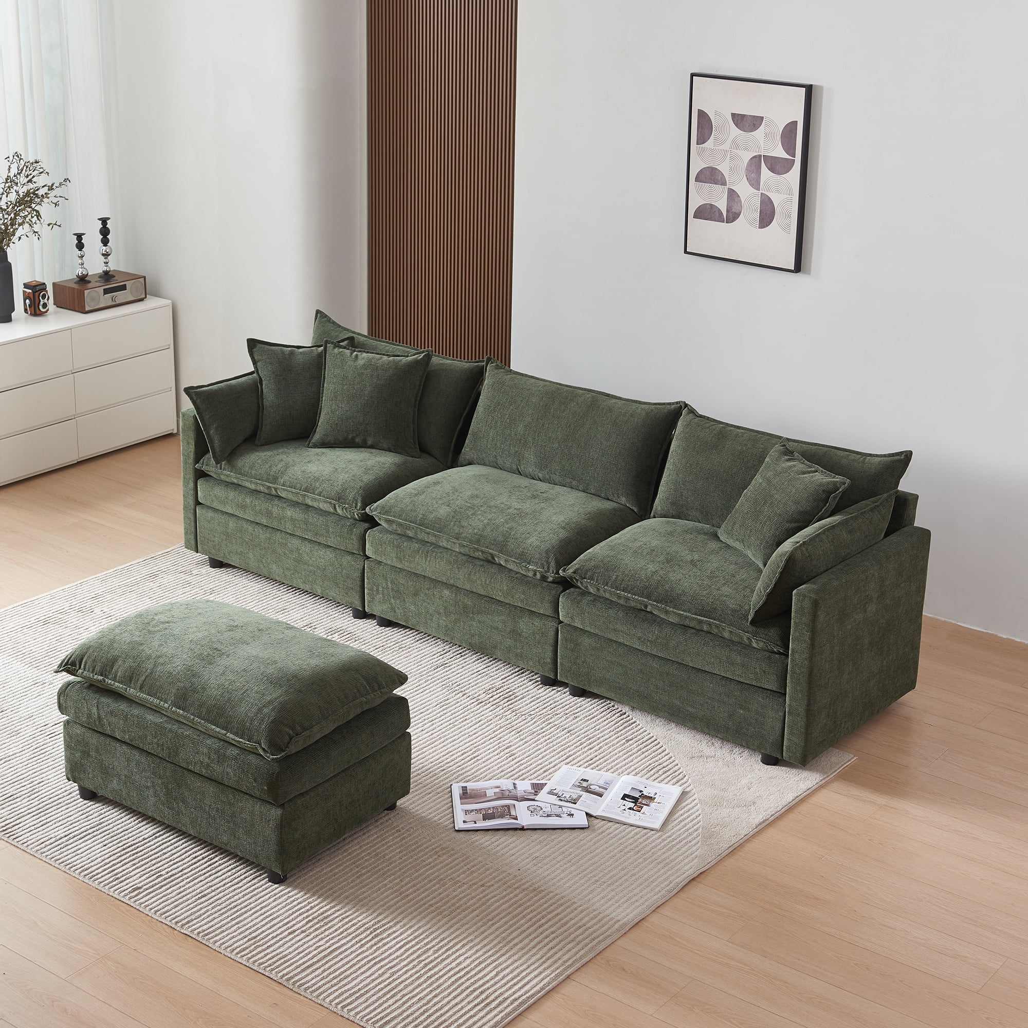 MAYEERTY Chenille Fabric L-Shaped Modular Sectional Sofa with Ottoman Green Comfy Living Room Couch